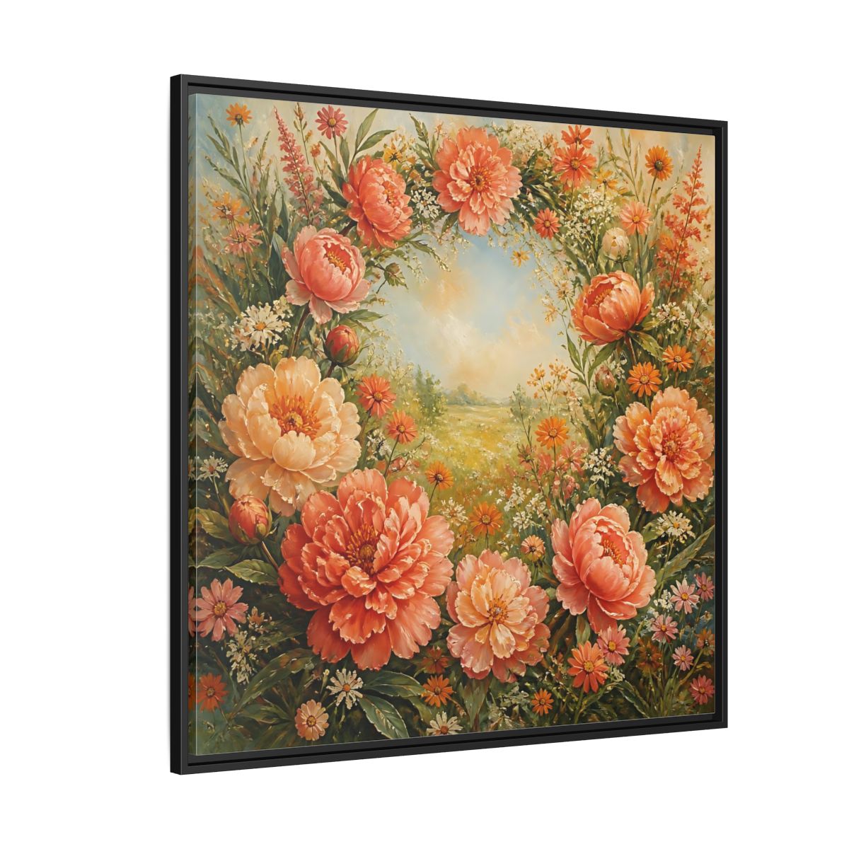 Side Mockup 6. Floral Peony Wreath Peach Floral Meadow shown as stretched canvas wall art