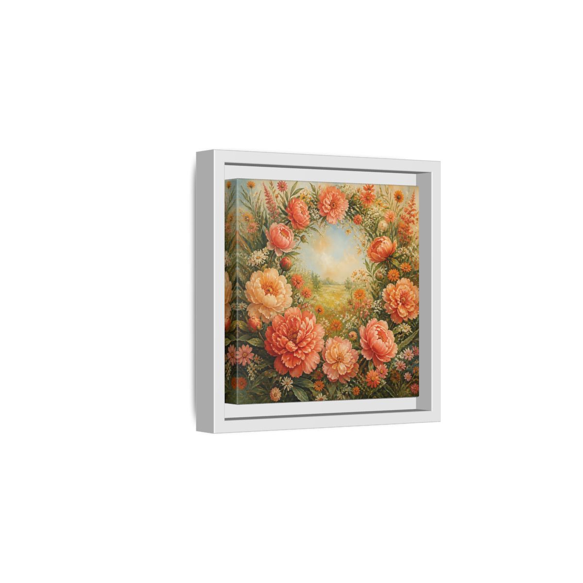 Side Mockup 1. Floral Peony Wreath Peach Floral Meadow shown as stretched canvas wall art