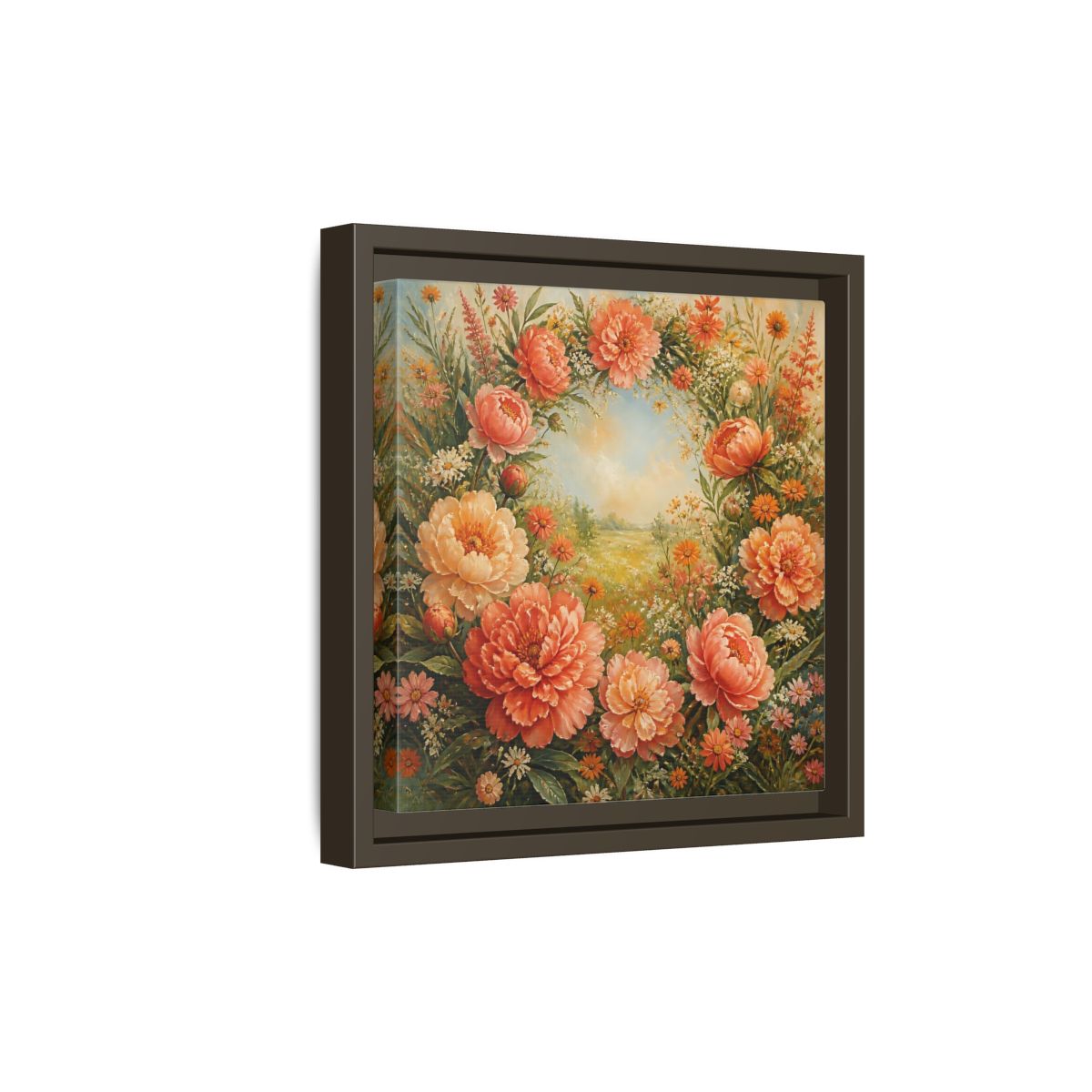 Side Mockup 20. Floral Peony Wreath Peach Floral Meadow shown as stretched canvas wall art