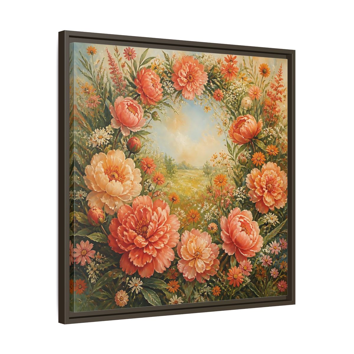 Side Mockup 27. Floral Peony Wreath Peach Floral Meadow shown as stretched canvas wall art