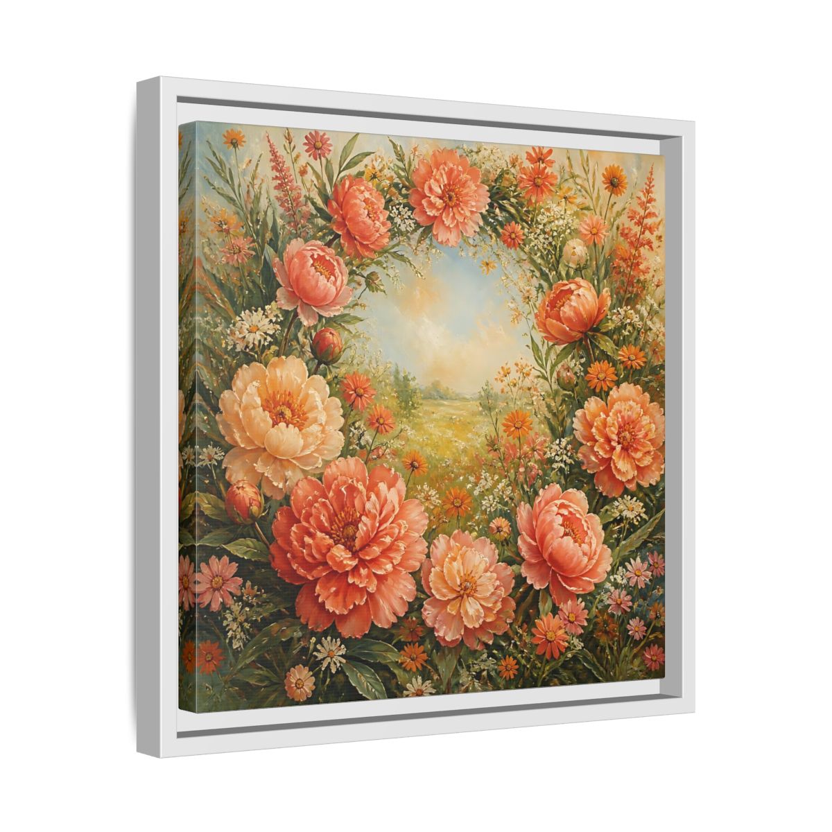 Side Mockup 28. Floral Peony Wreath Peach Floral Meadow shown as stretched canvas wall art