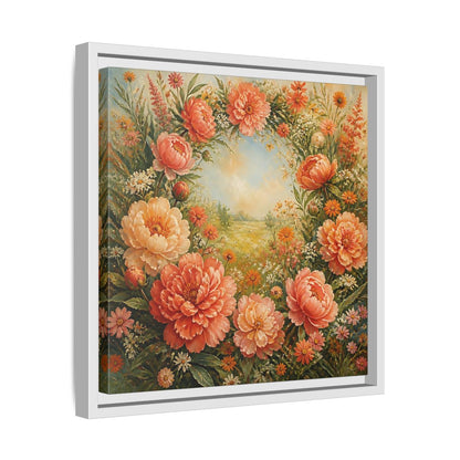 Side Mockup 28. Floral Peony Wreath Peach Floral Meadow shown as stretched canvas wall art