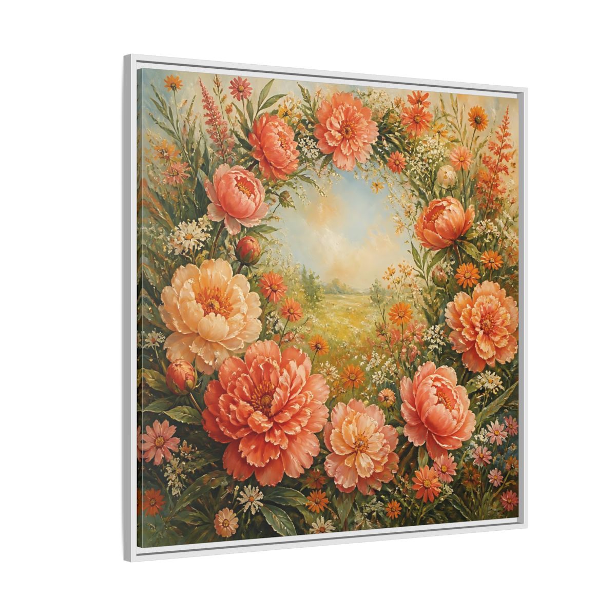 Side Mockup 4. Floral Peony Wreath Peach Floral Meadow shown as stretched canvas wall art