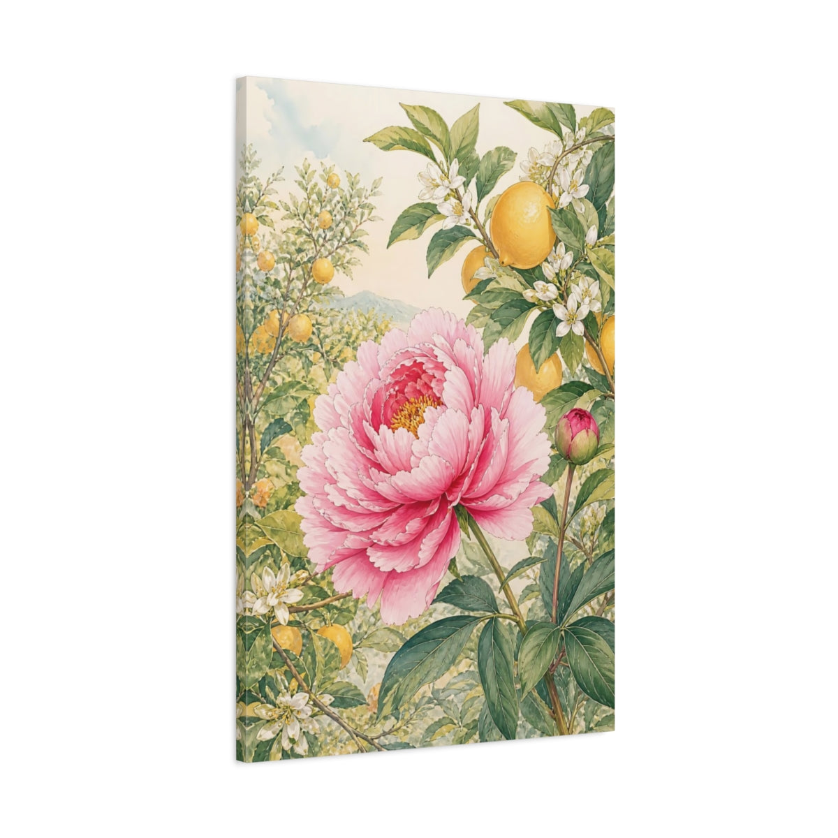 Main Mockup. Floral Peony, Lemon Pink Peony Lemon shown as stretched canvas wall art