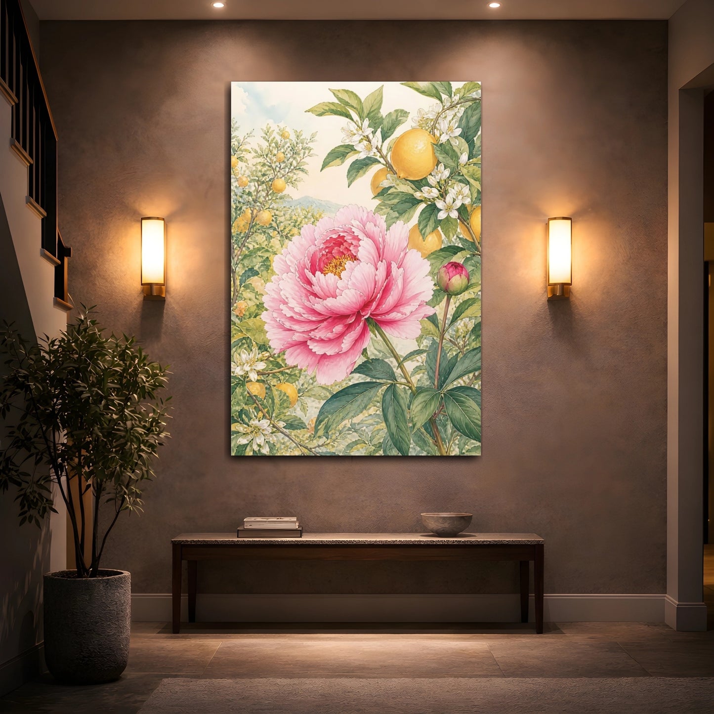 Mockup 2. Floral Peony, Lemon Pink Peony Lemon shown as stretched canvas wall art