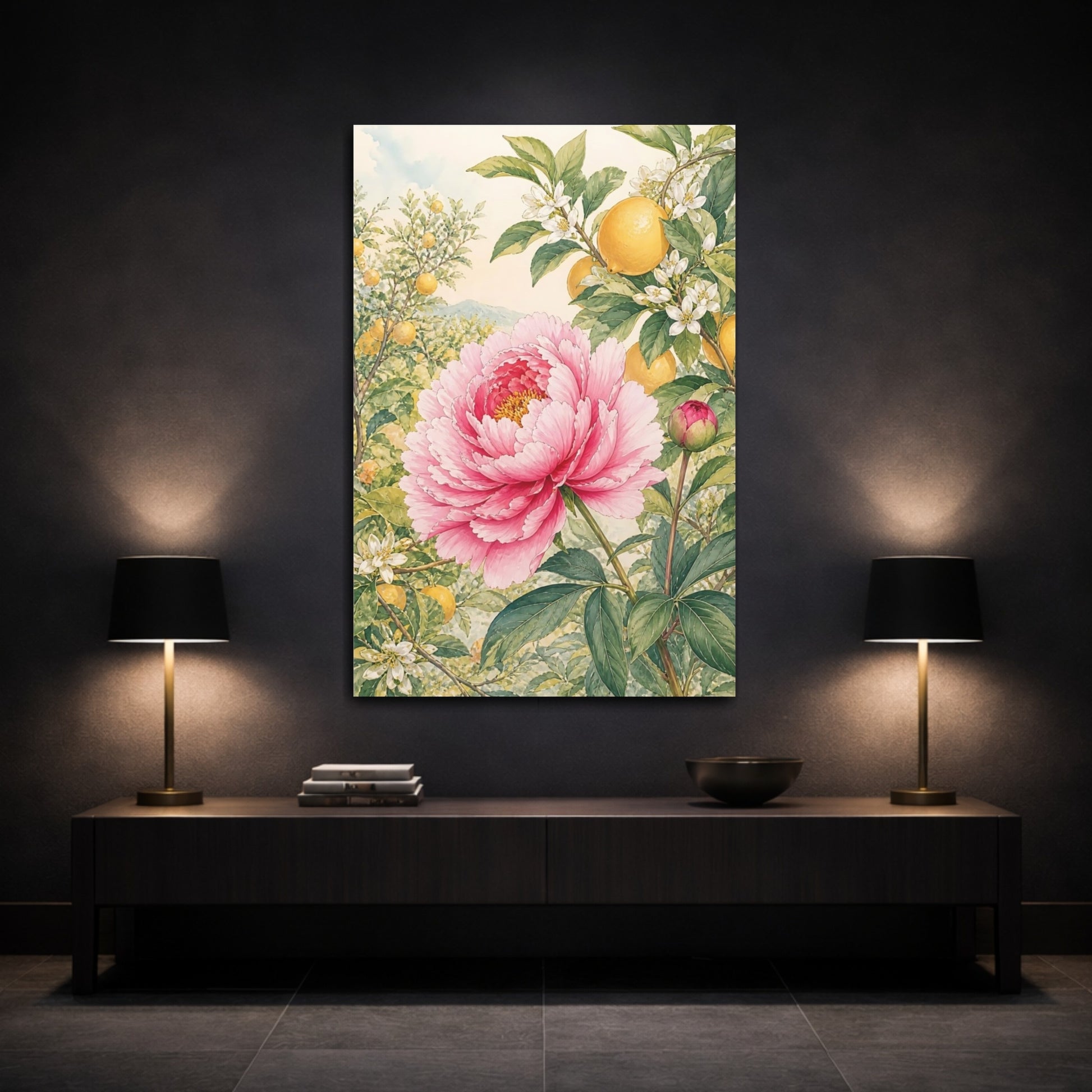 Mockup 3. Floral Peony, Lemon Pink Peony Lemon shown as stretched canvas wall art