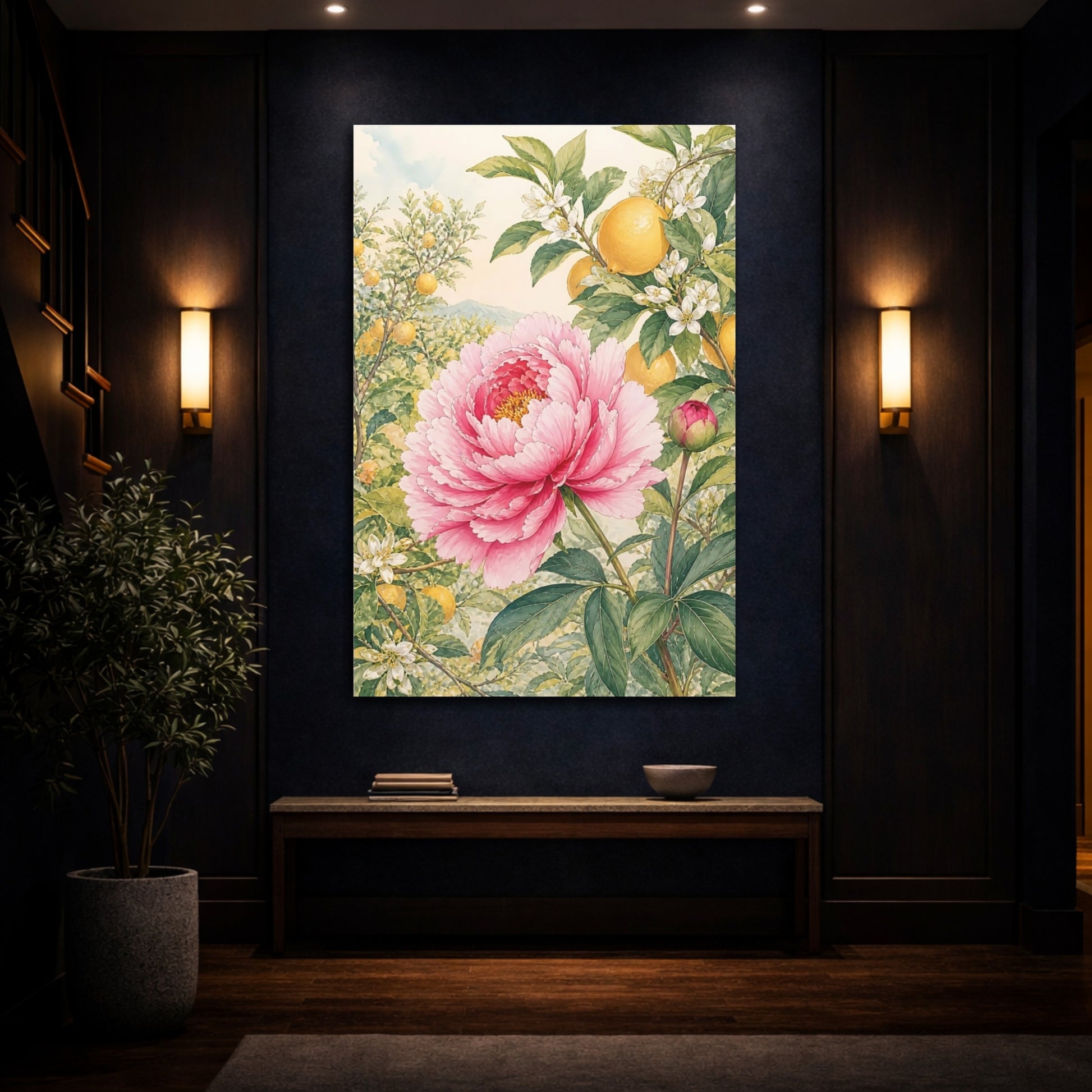 Mockup 4. Floral Peony, Lemon Pink Peony Lemon shown as stretched canvas wall art