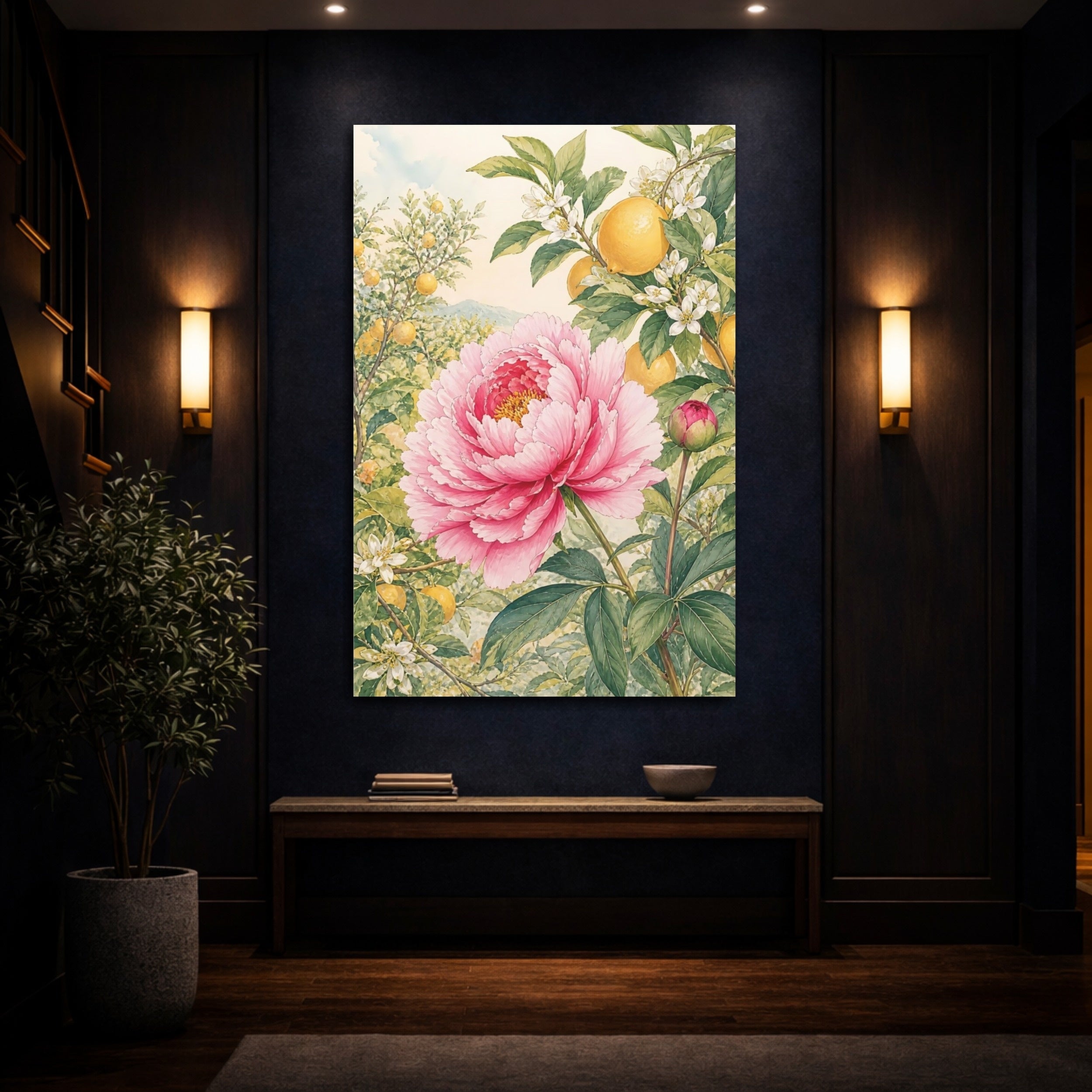 Mockup 4. Floral Peony, Lemon Pink Peony Lemon shown as stretched canvas wall art