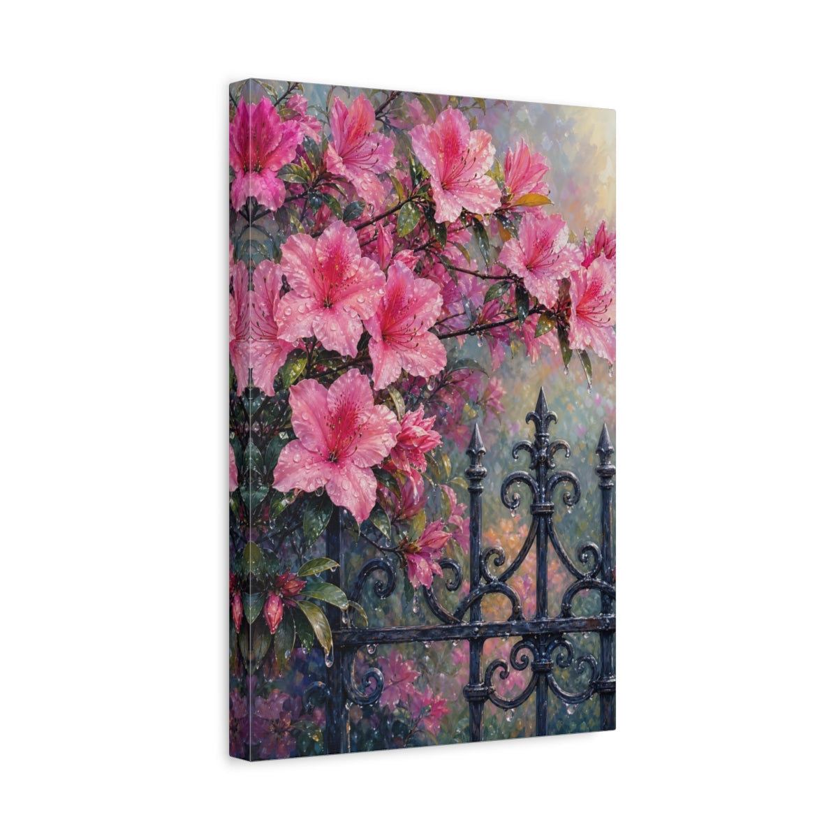 Side Mockup 4. Floral Pink Azaleas Pink Floral shown as stretched canvas wall art