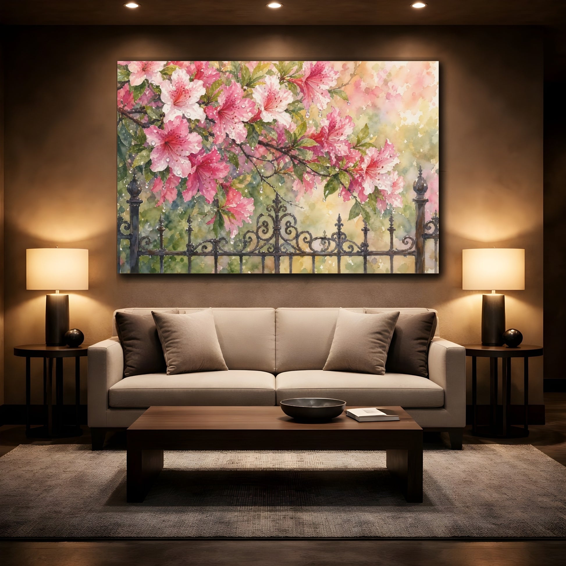Mockup 2. Floral Pink Azaleas Pink Azalea Watercolor shown as stretched canvas wall art