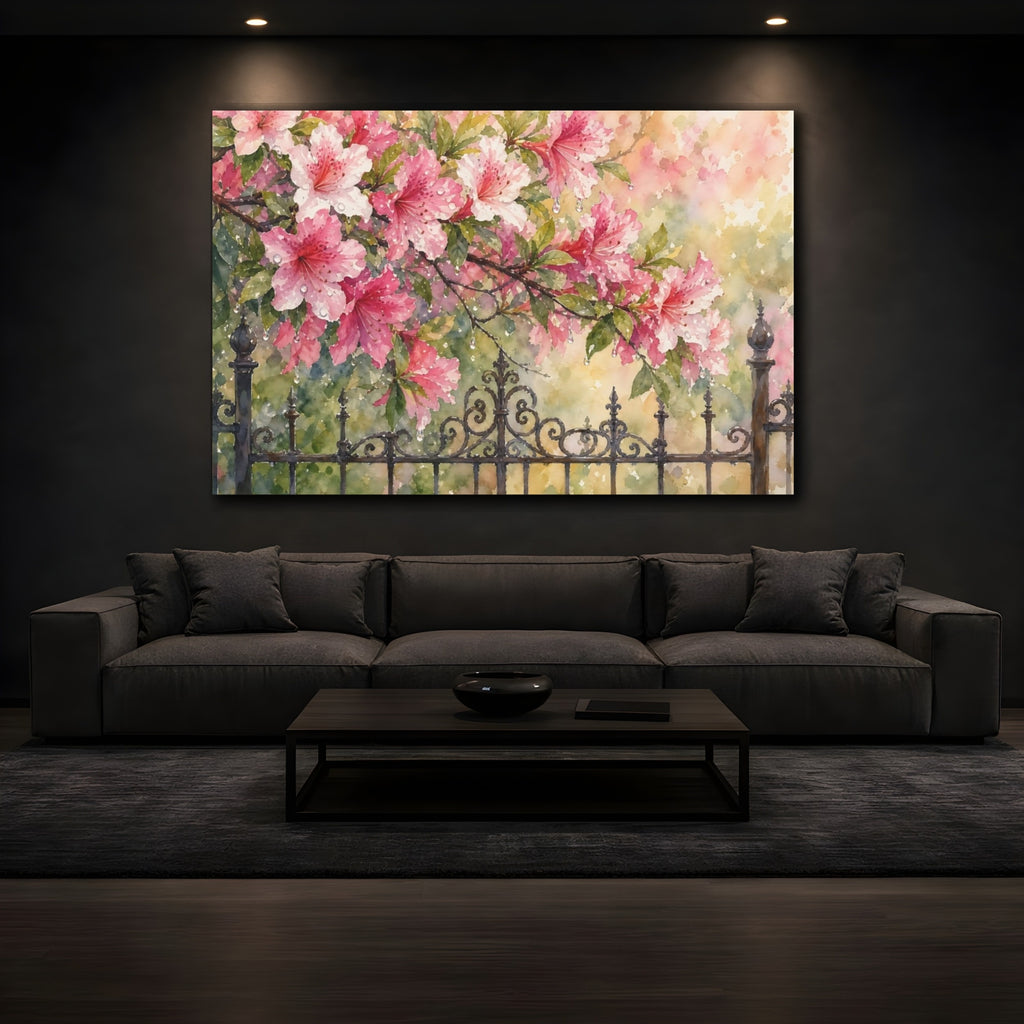 Mockup 3. Floral Pink Azaleas Pink Azalea Watercolor shown as stretched canvas wall art