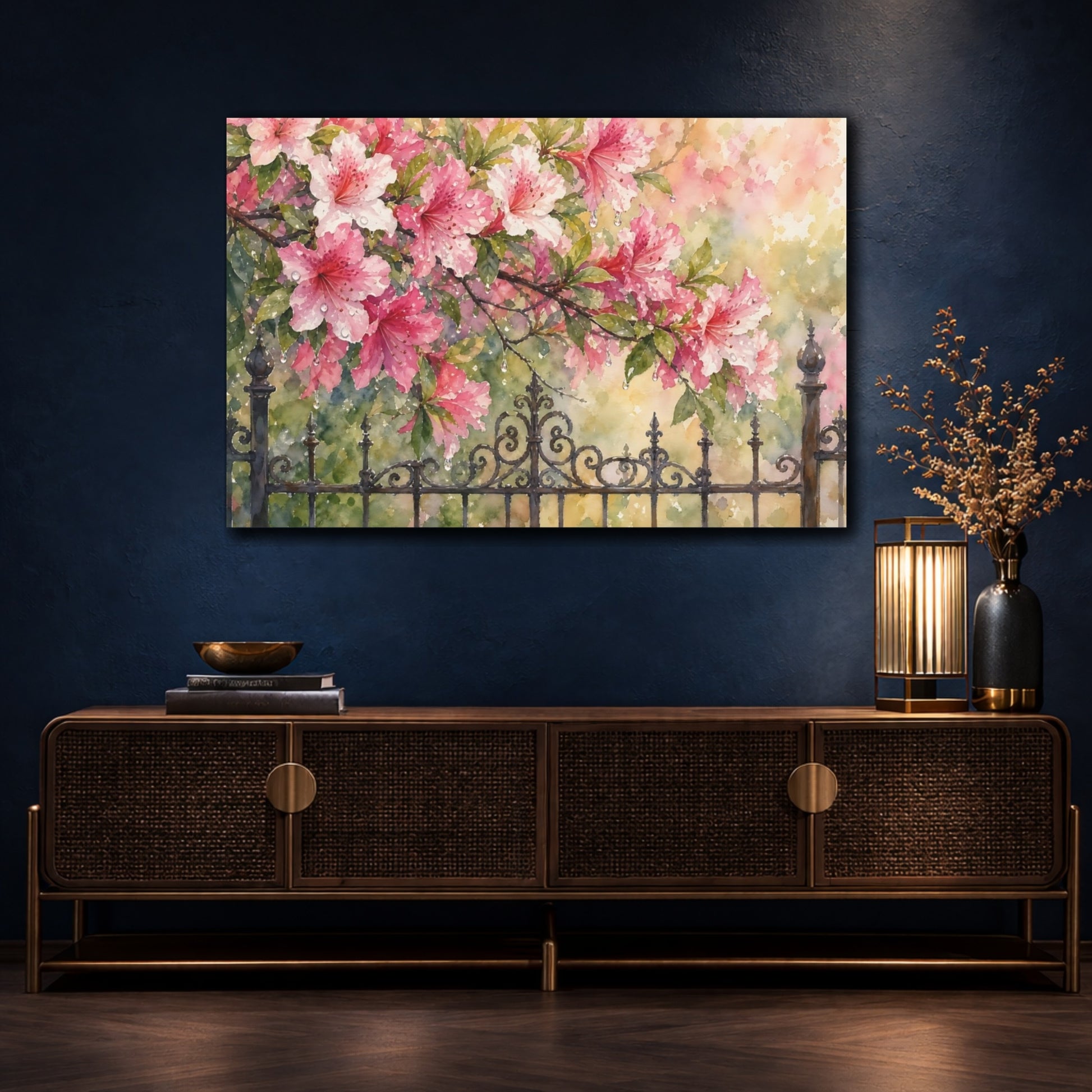 Mockup 4. Floral Pink Azaleas Pink Azalea Watercolor shown as stretched canvas wall art