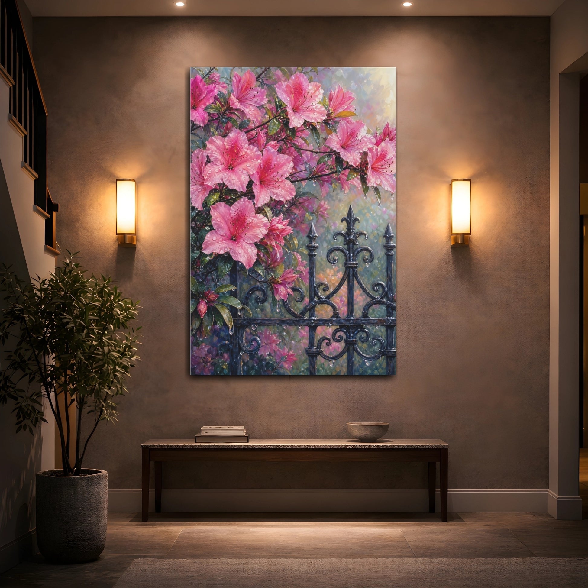 Mockup 2. Floral Pink Azaleas Pink Floral shown as stretched canvas wall art
