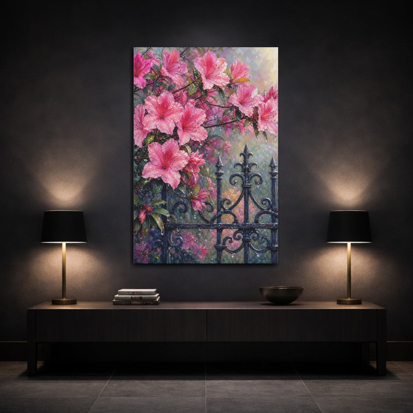 Mockup 3. Floral Pink Azaleas Pink Floral shown as stretched canvas wall art