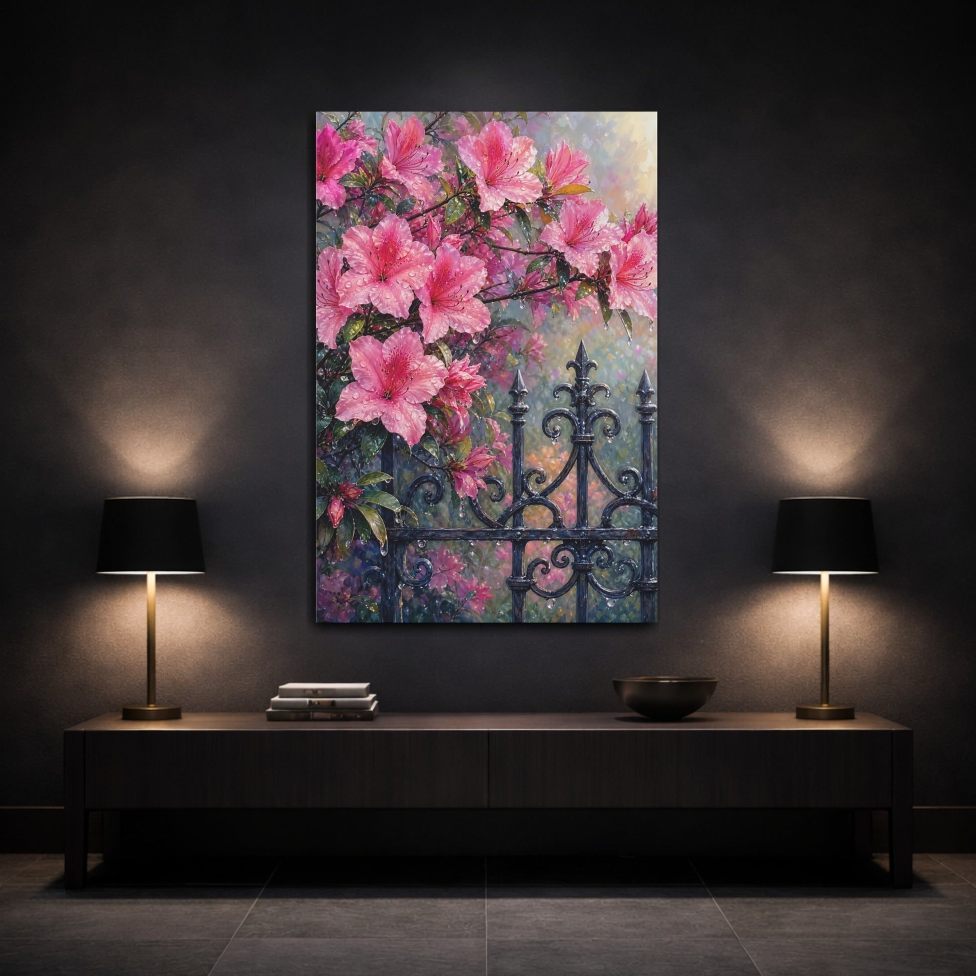 Mockup 3. Floral Pink Azaleas Pink Floral shown as stretched canvas wall art