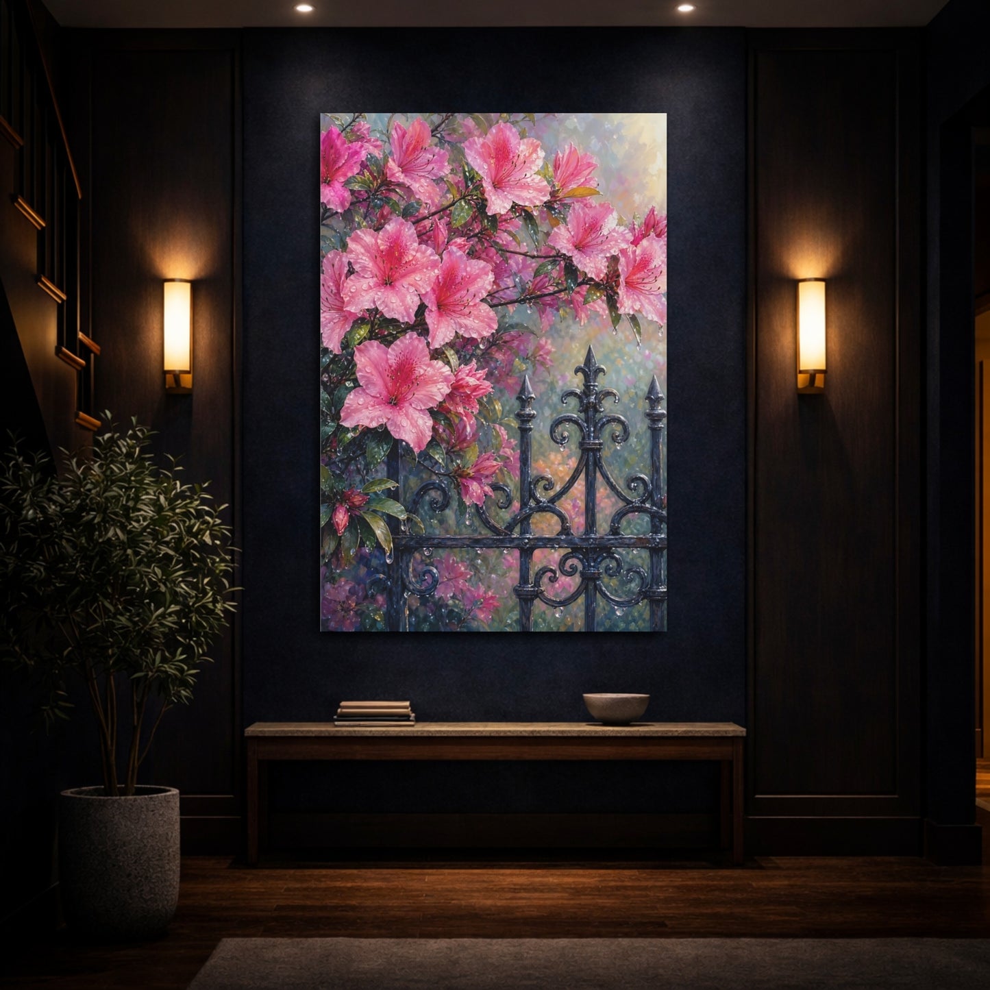 Mockup 4. Floral Pink Azaleas Pink Floral shown as stretched canvas wall art