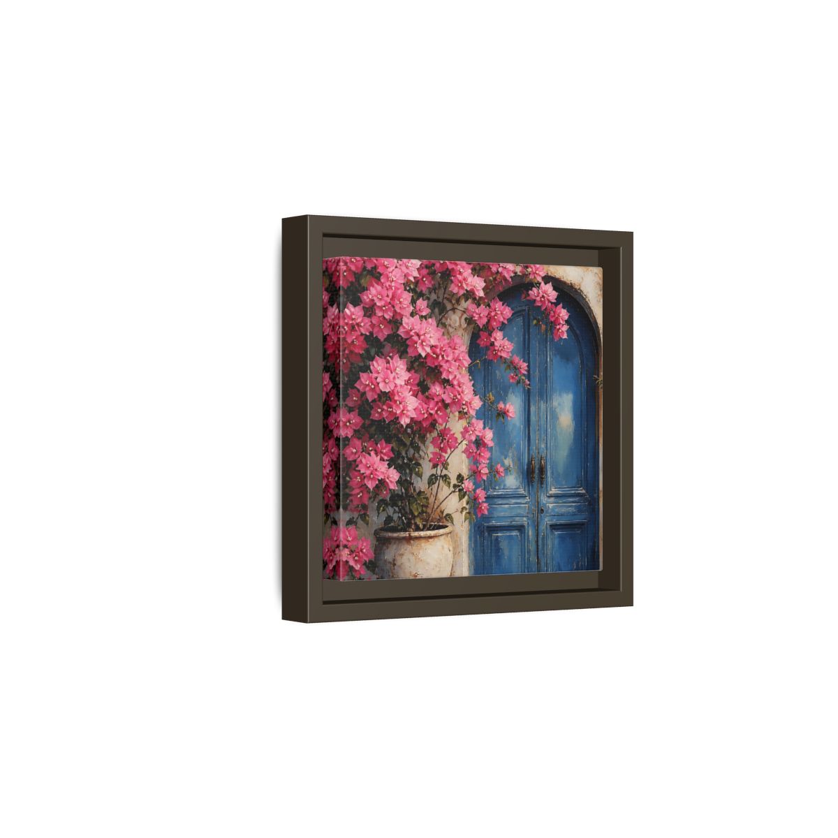 Side Mockup 2. Floral Pink Bougainvillea Pink And Blue Floral shown as stretched canvas wall art