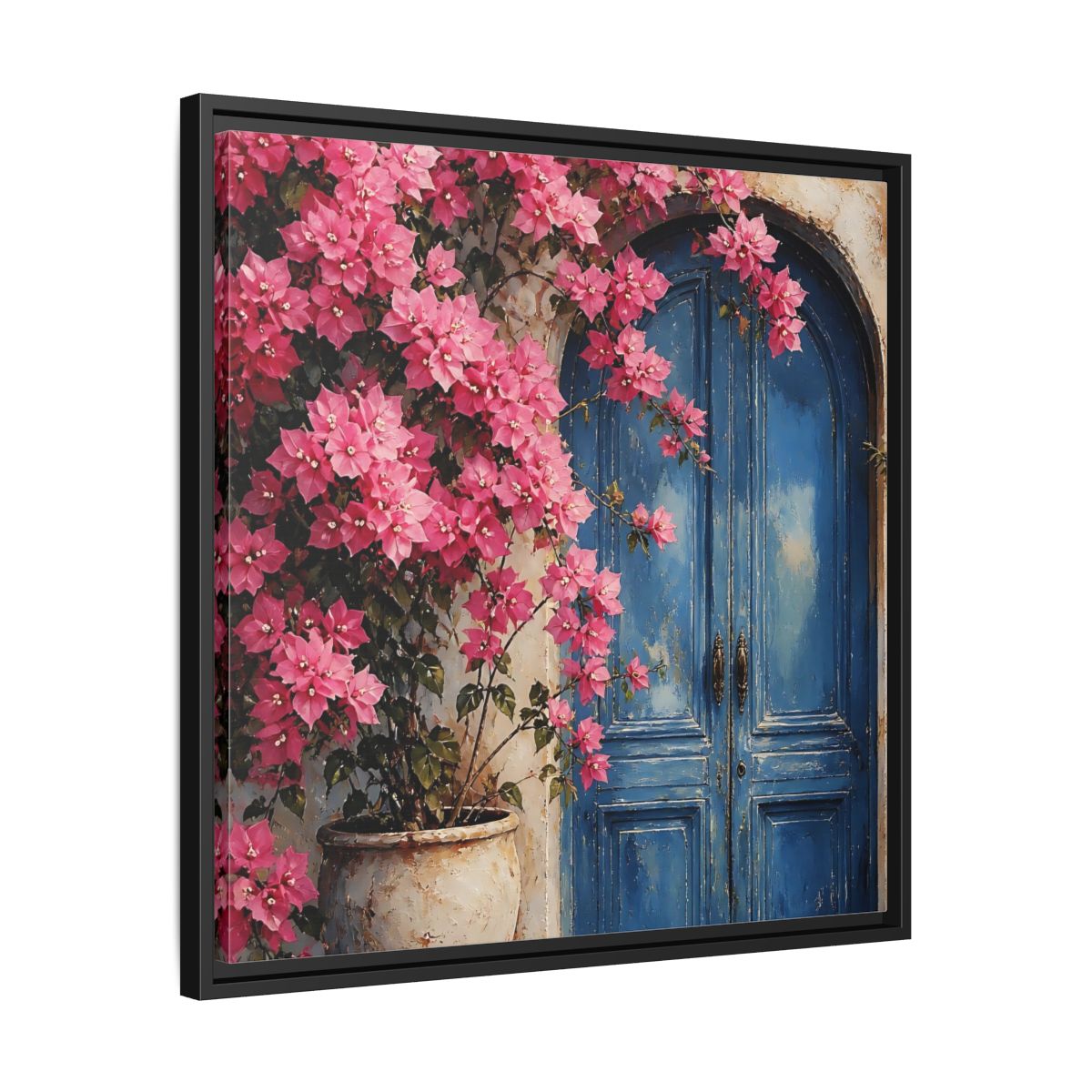 Side Mockup 31. Floral Pink Bougainvillea Pink And Blue Floral shown as stretched canvas wall art