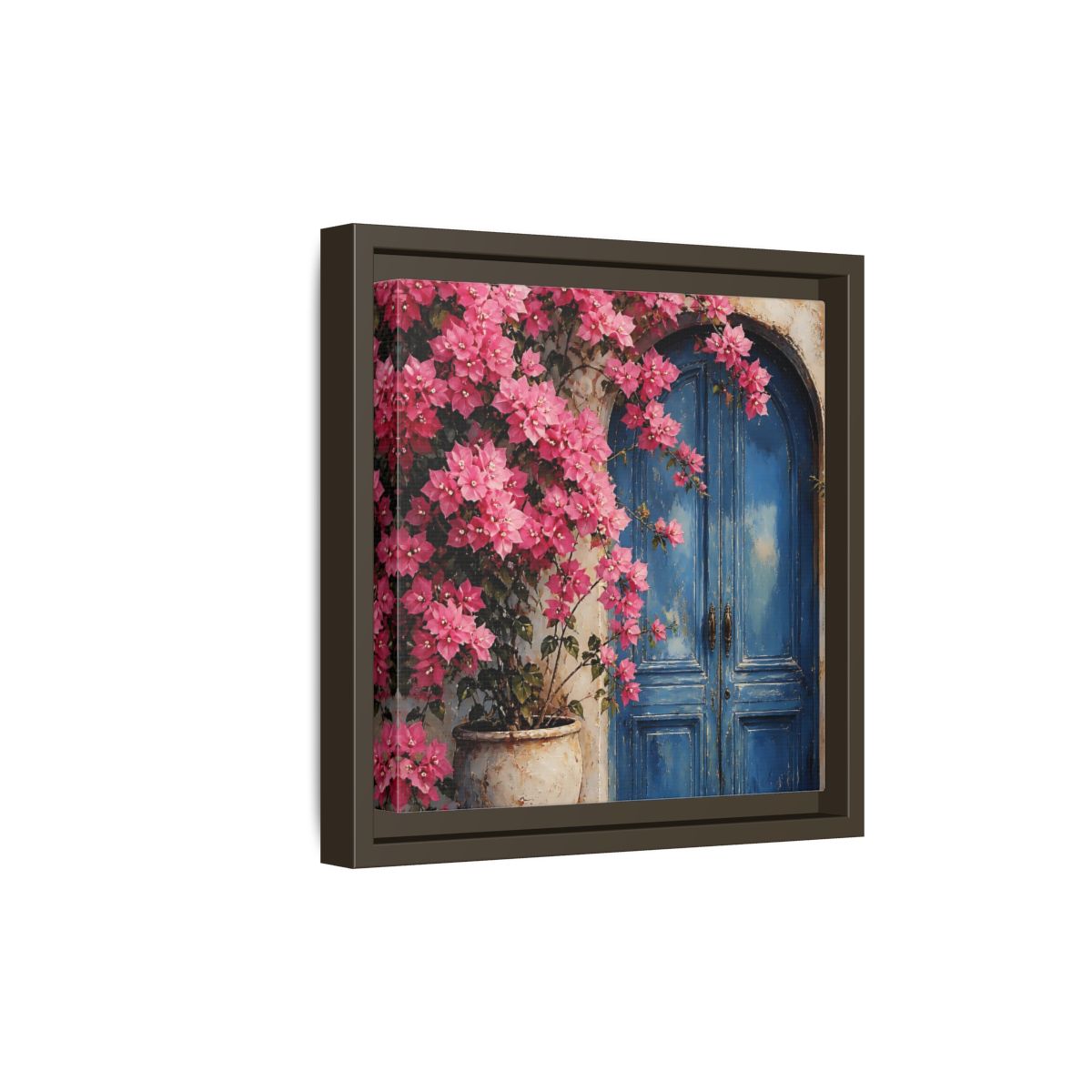Side Mockup 20. Floral Pink Bougainvillea Pink And Blue Floral shown as stretched canvas wall art