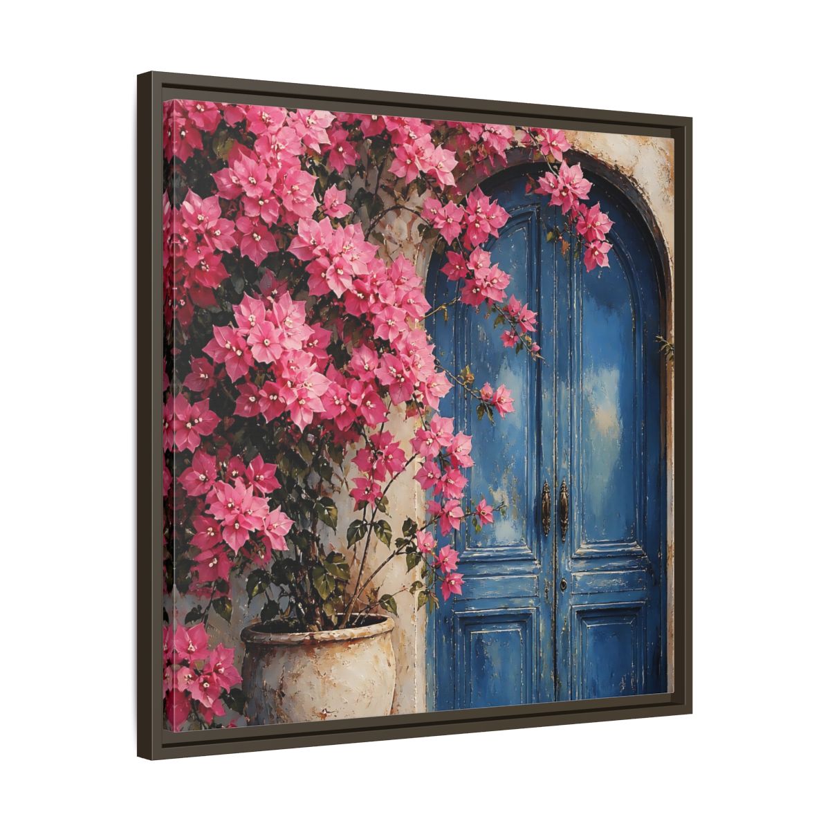 Side Mockup 27. Floral Pink Bougainvillea Pink And Blue Floral shown as stretched canvas wall art