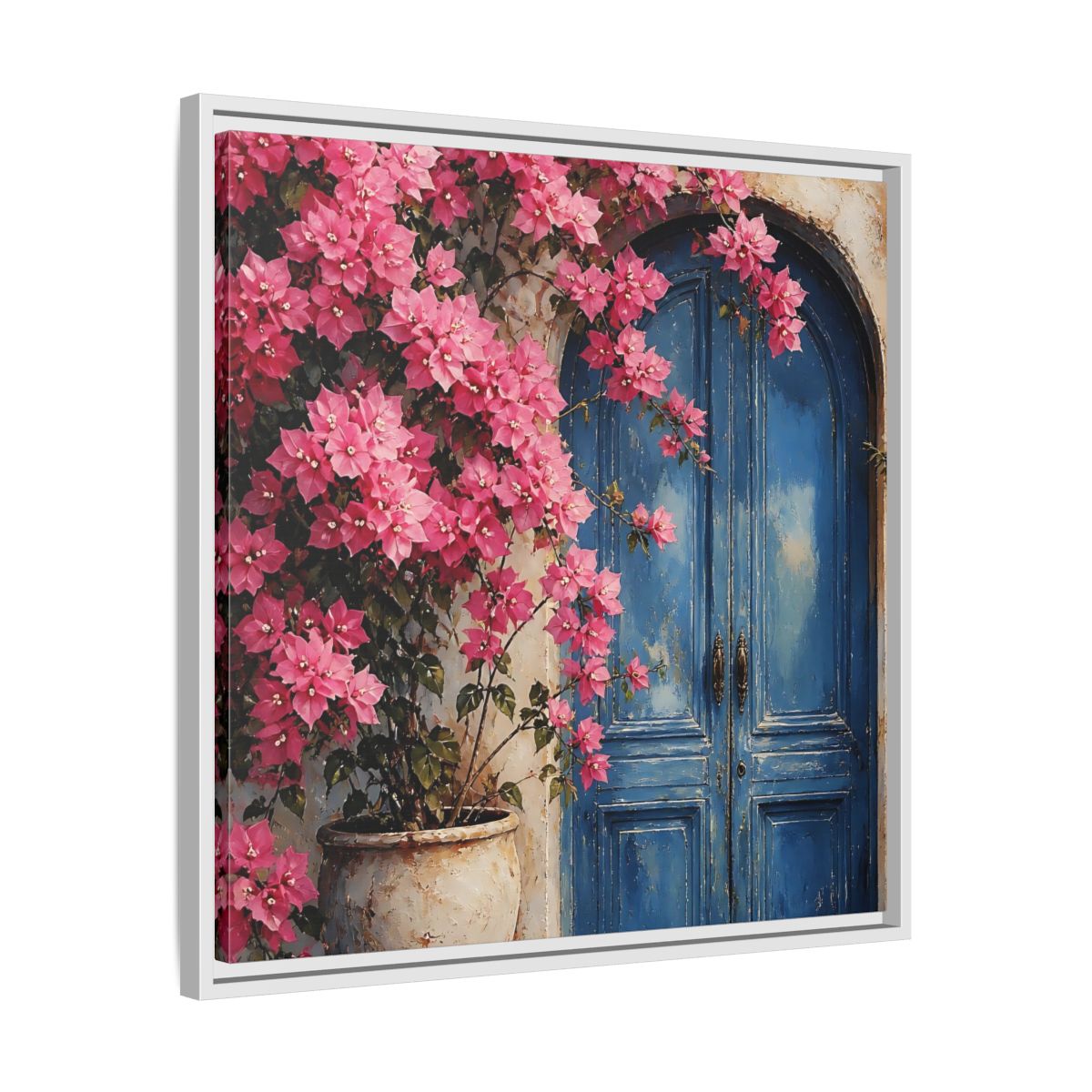 Side Mockup 26. Floral Pink Bougainvillea Pink And Blue Floral shown as stretched canvas wall art