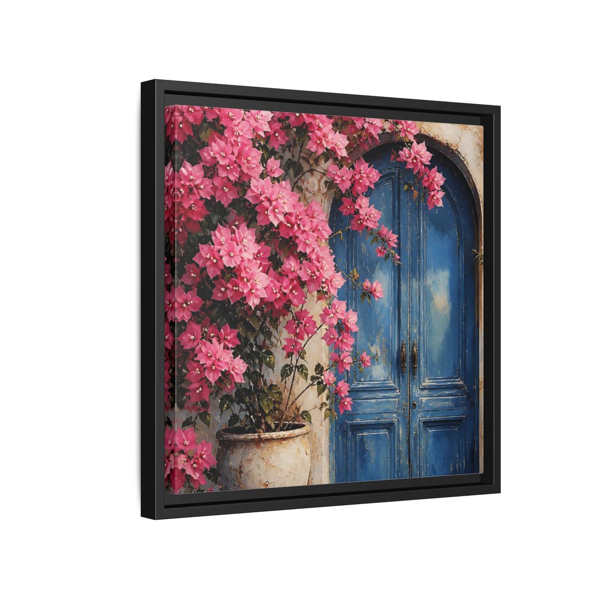 Side Mockup 15. Floral Pink Bougainvillea Pink And Blue Floral shown as stretched canvas wall art