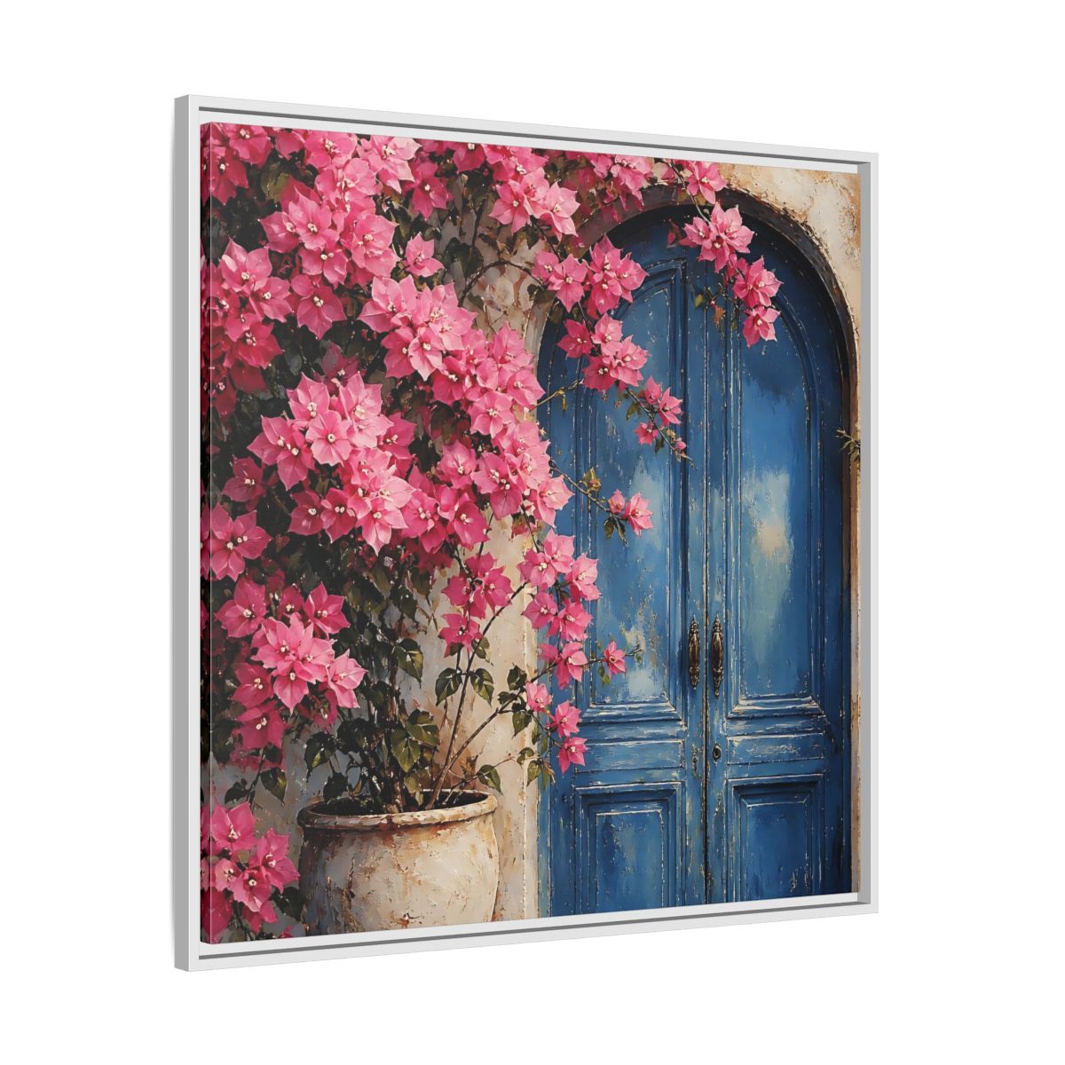Side Mockup 25. Floral Pink Bougainvillea Pink And Blue Floral shown as stretched canvas wall art