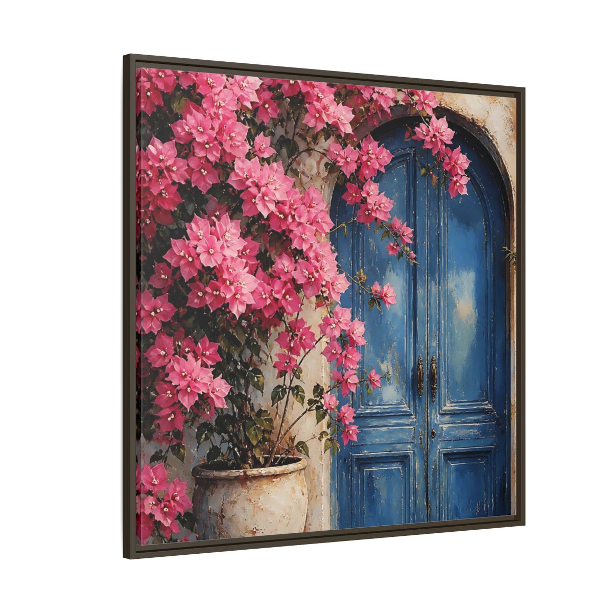 Side Mockup 5. Floral Pink Bougainvillea Pink And Blue Floral shown as stretched canvas wall art
