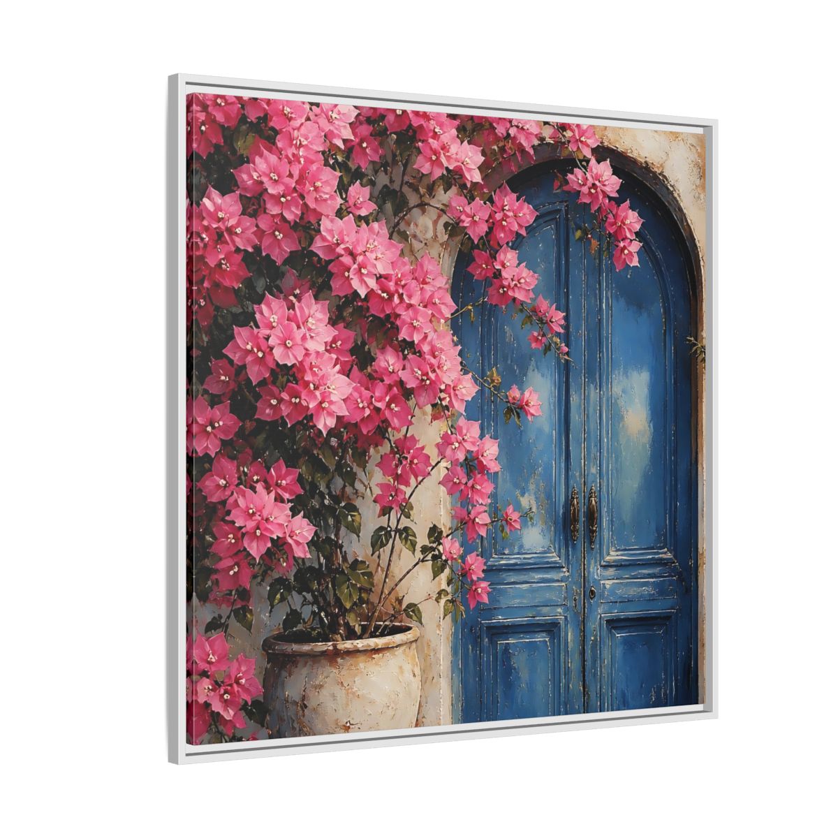 Side Mockup 4. Floral Pink Bougainvillea Pink And Blue Floral shown as stretched canvas wall art