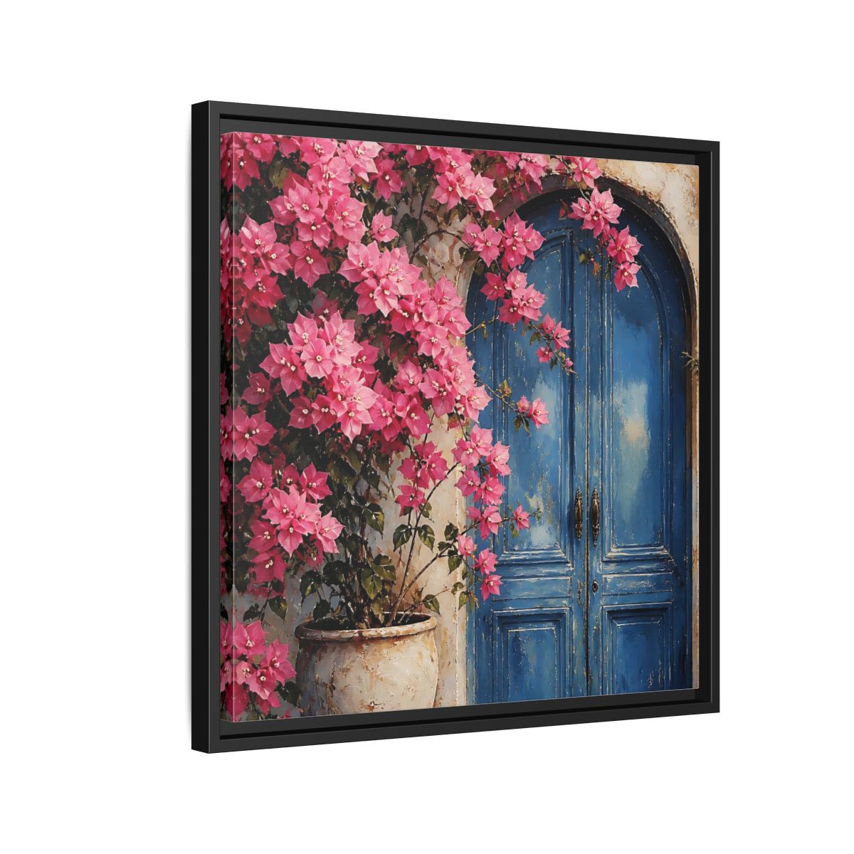 Side Mockup 12. Floral Pink Bougainvillea Pink And Blue Floral shown as stretched canvas wall art