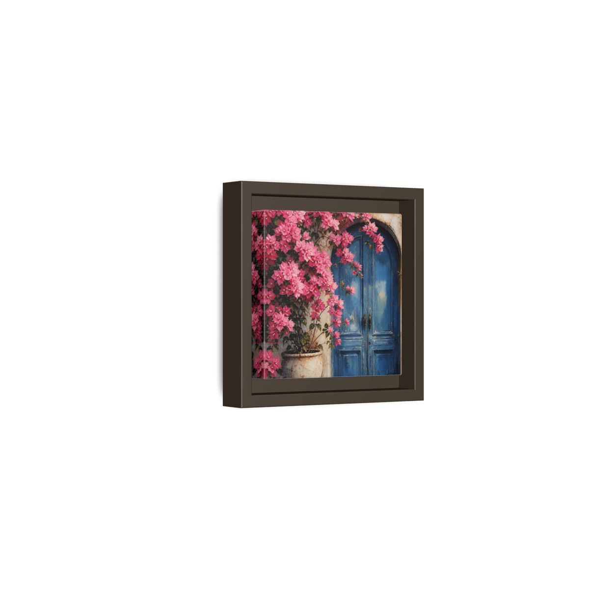 Side Mockup 23. Floral Pink Bougainvillea Pink And Blue Floral shown as stretched canvas wall art