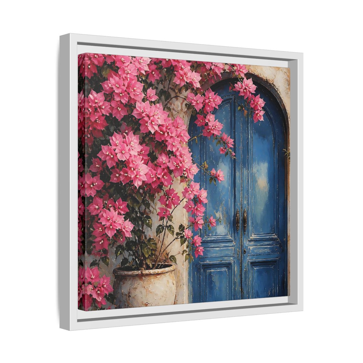 Side Mockup 28. Floral Pink Bougainvillea Pink And Blue Floral shown as stretched canvas wall art