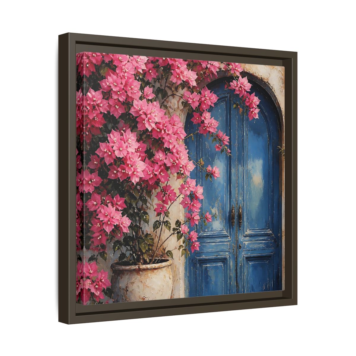 Side Mockup 29. Floral Pink Bougainvillea Pink And Blue Floral shown as stretched canvas wall art