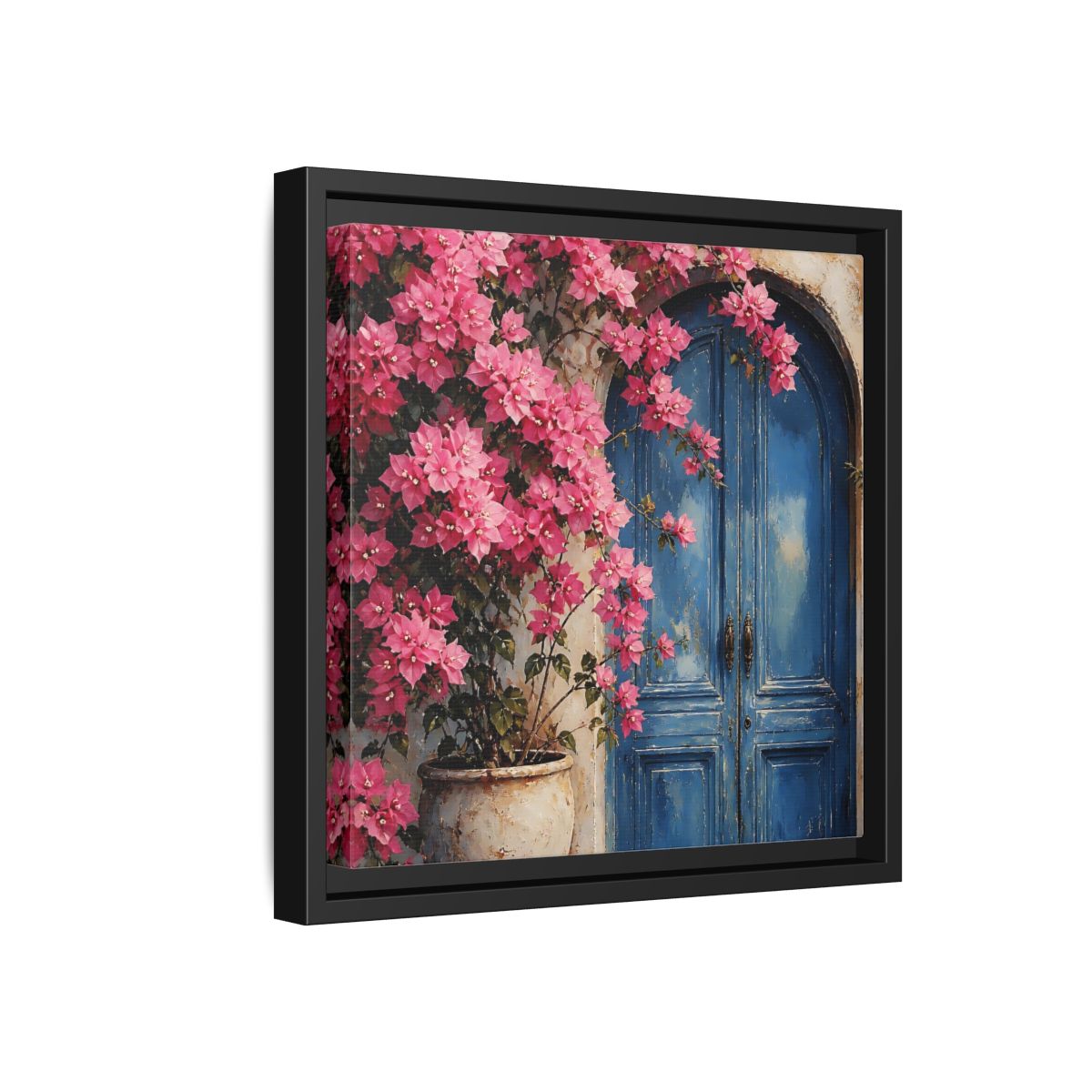 Side Mockup 18. Floral Pink Bougainvillea Pink And Blue Floral shown as stretched canvas wall art