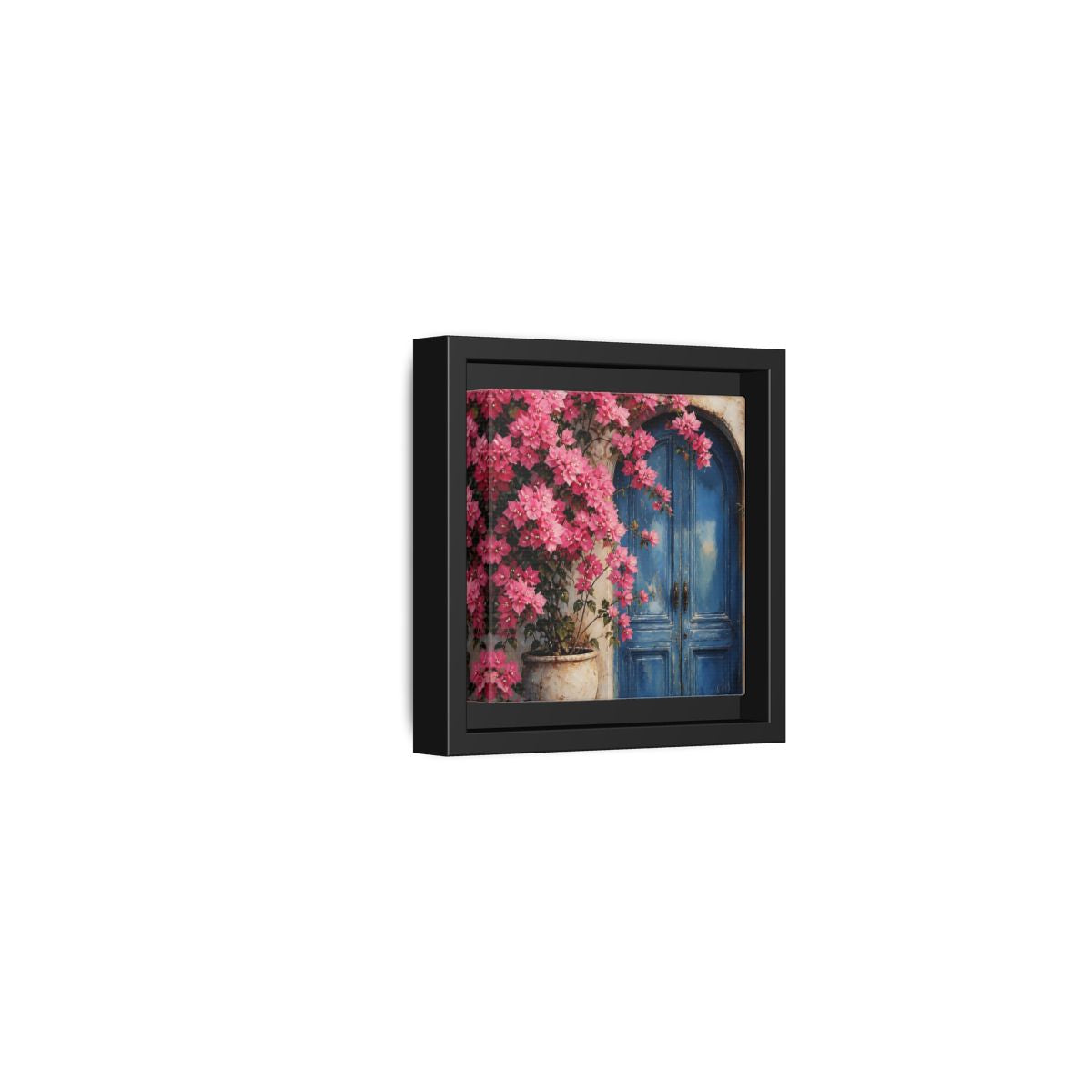 Side Mockup 24. Floral Pink Bougainvillea Pink And Blue Floral shown as stretched canvas wall art