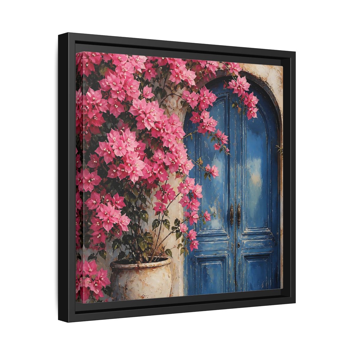 Side Mockup 32. Floral Pink Bougainvillea Pink And Blue Floral shown as stretched canvas wall art