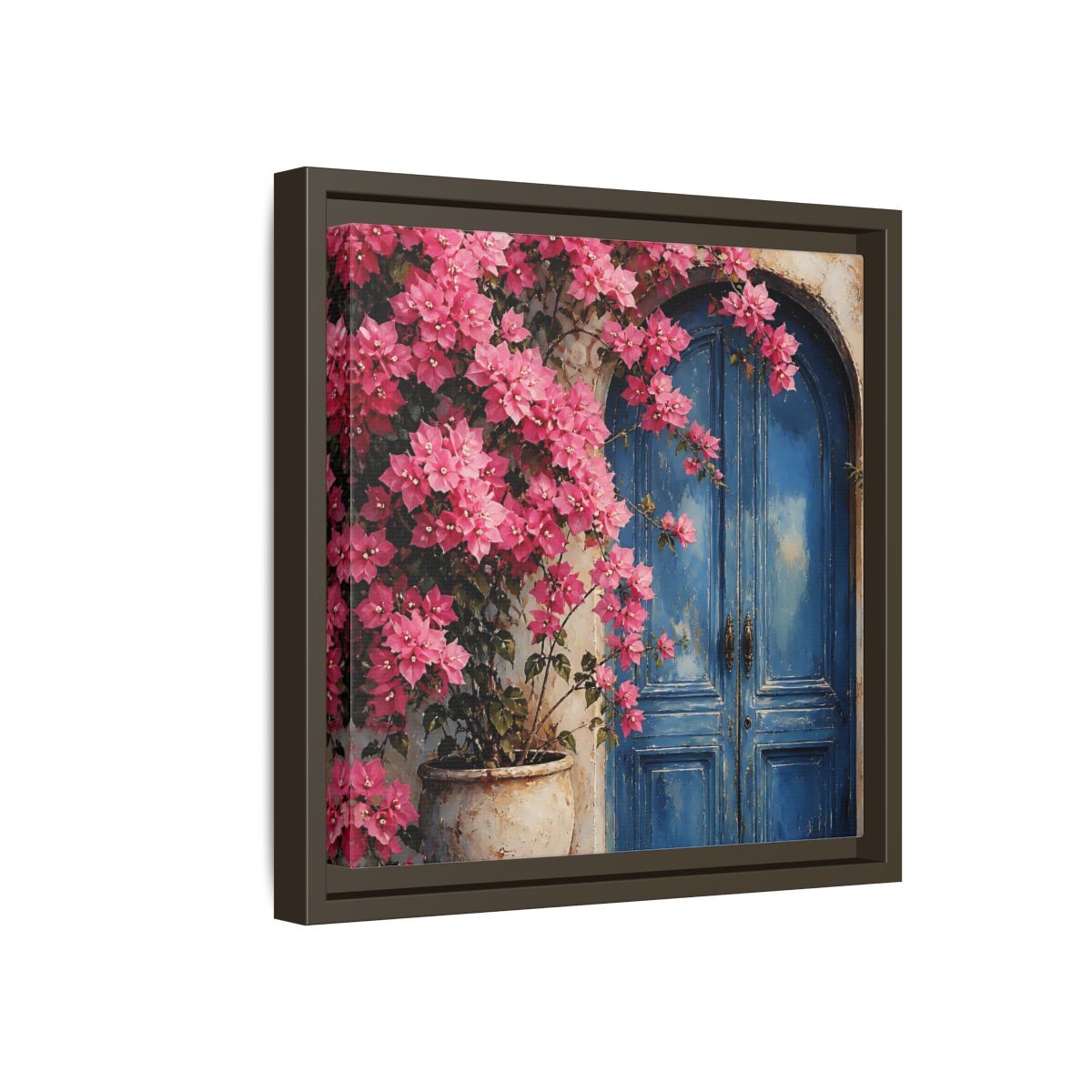 Side Mockup 17. Floral Pink Bougainvillea Pink And Blue Floral shown as stretched canvas wall art