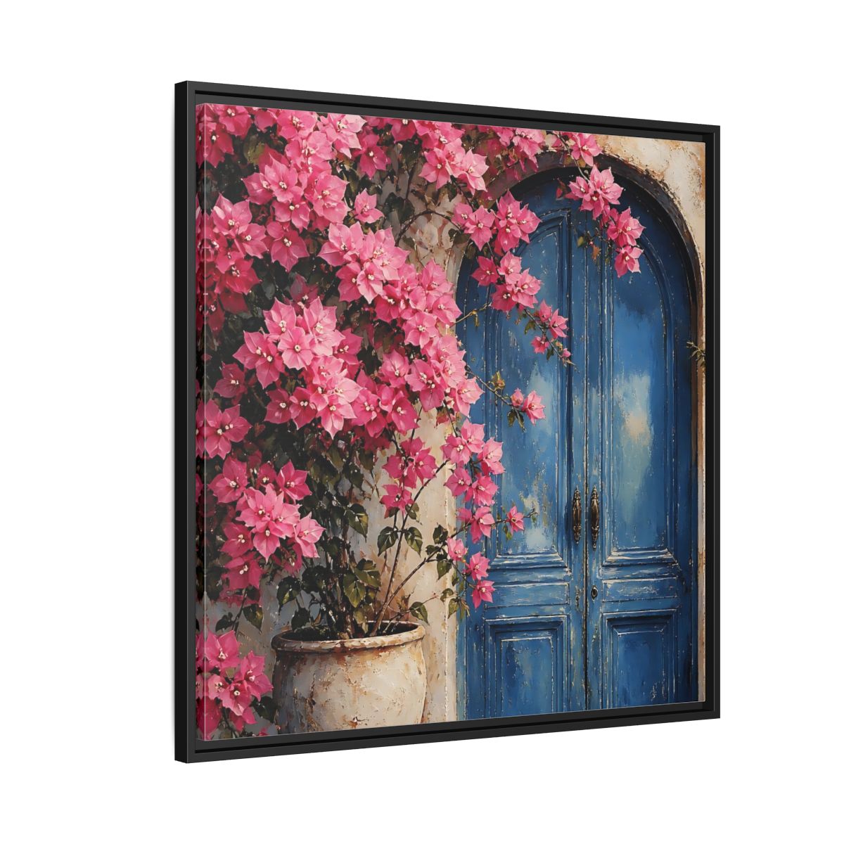Side Mockup 9. Floral Pink Bougainvillea Pink And Blue Floral shown as stretched canvas wall art