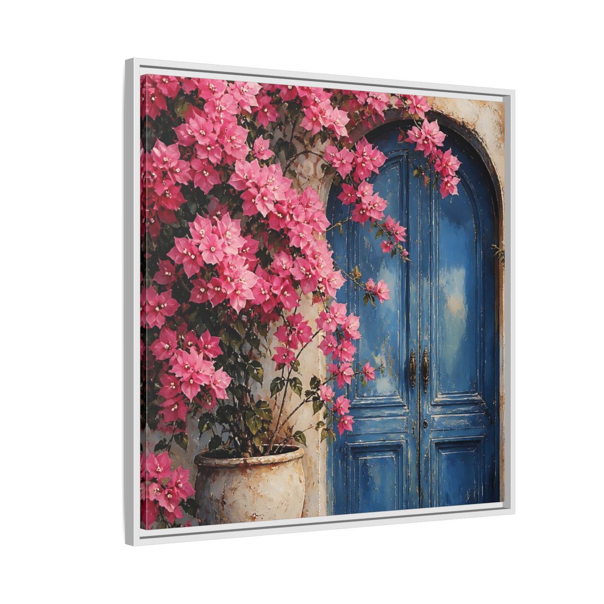 Side Mockup 7. Floral Pink Bougainvillea Pink And Blue Floral shown as stretched canvas wall art