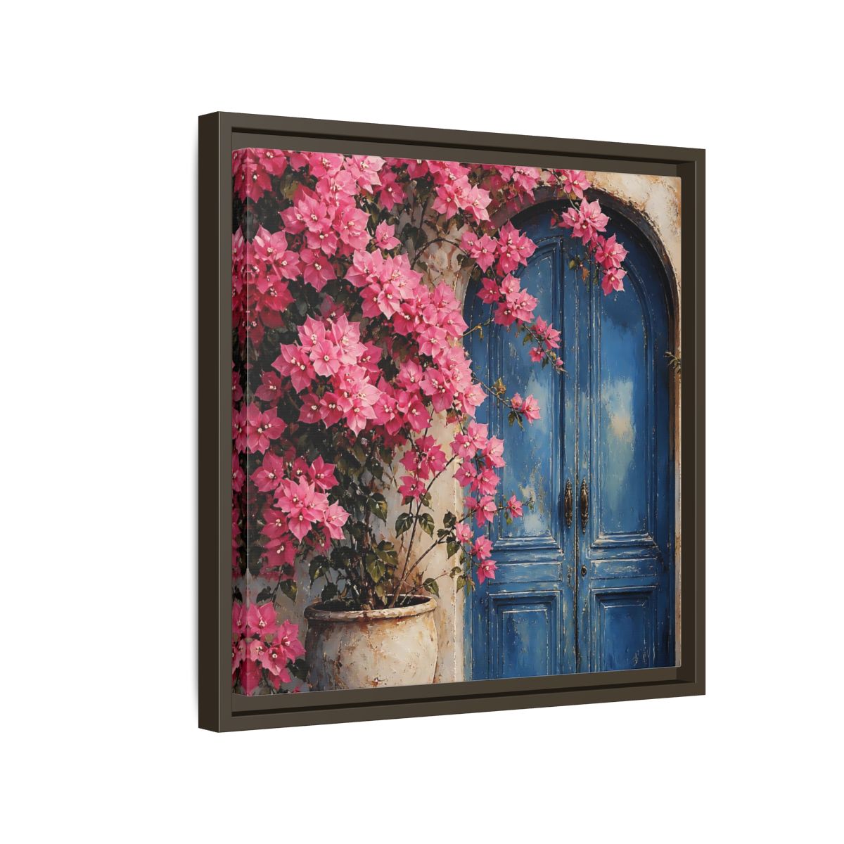 Side Mockup 14. Floral Pink Bougainvillea Pink And Blue Floral shown as stretched canvas wall art