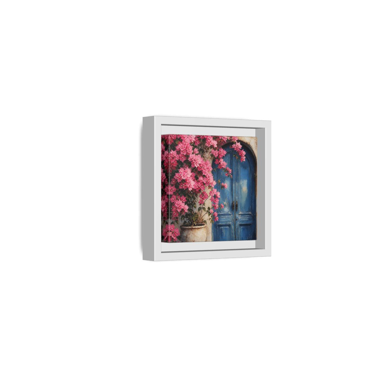 Side Mockup 22. Floral Pink Bougainvillea Pink And Blue Floral shown as stretched canvas wall art