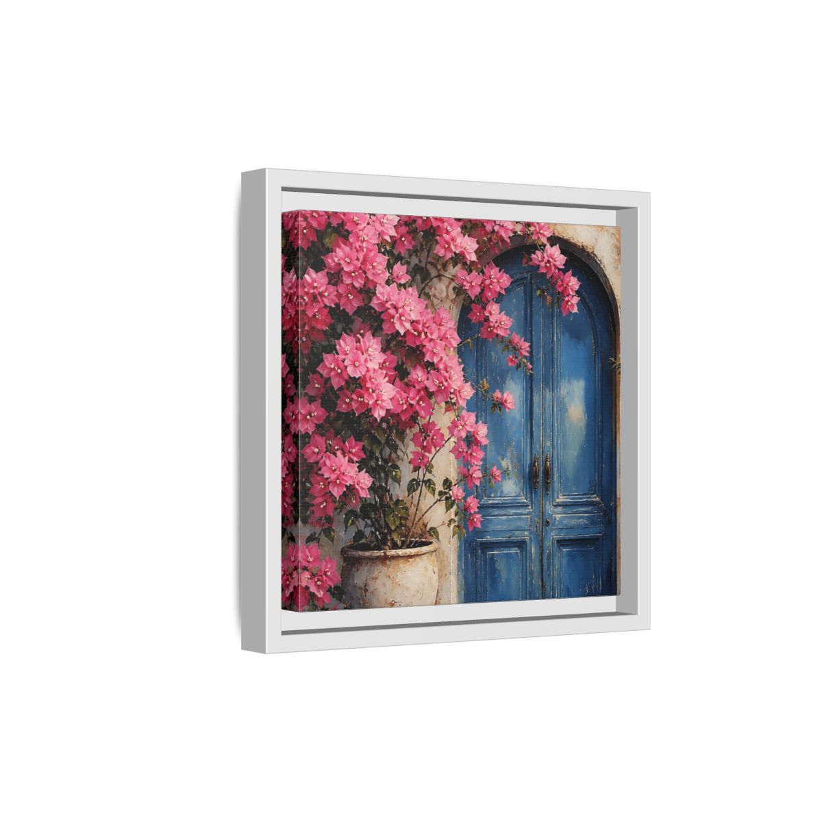 Side Mockup 19. Floral Pink Bougainvillea Pink And Blue Floral shown as stretched canvas wall art