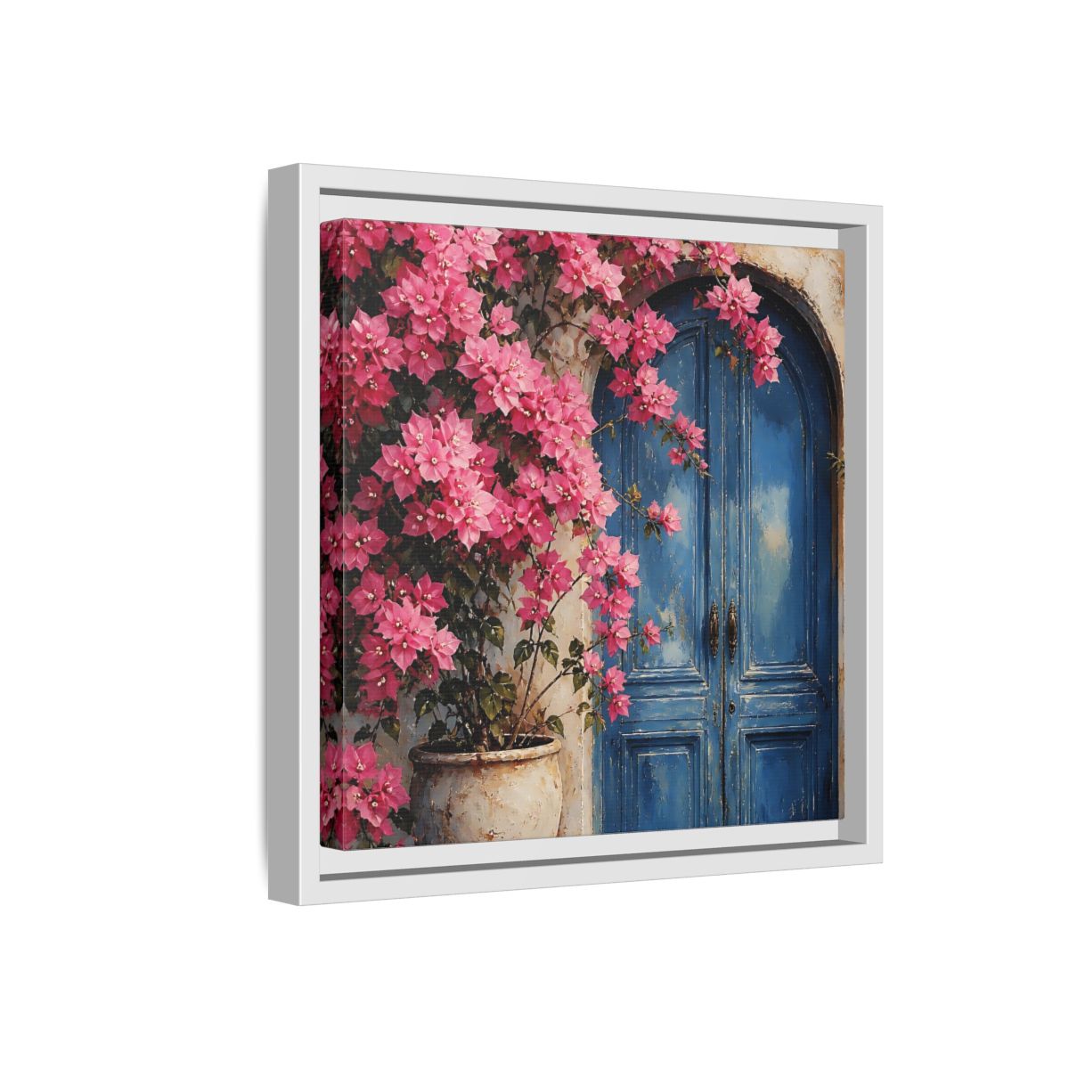 Side Mockup 16. Floral Pink Bougainvillea Pink And Blue Floral shown as stretched canvas wall art