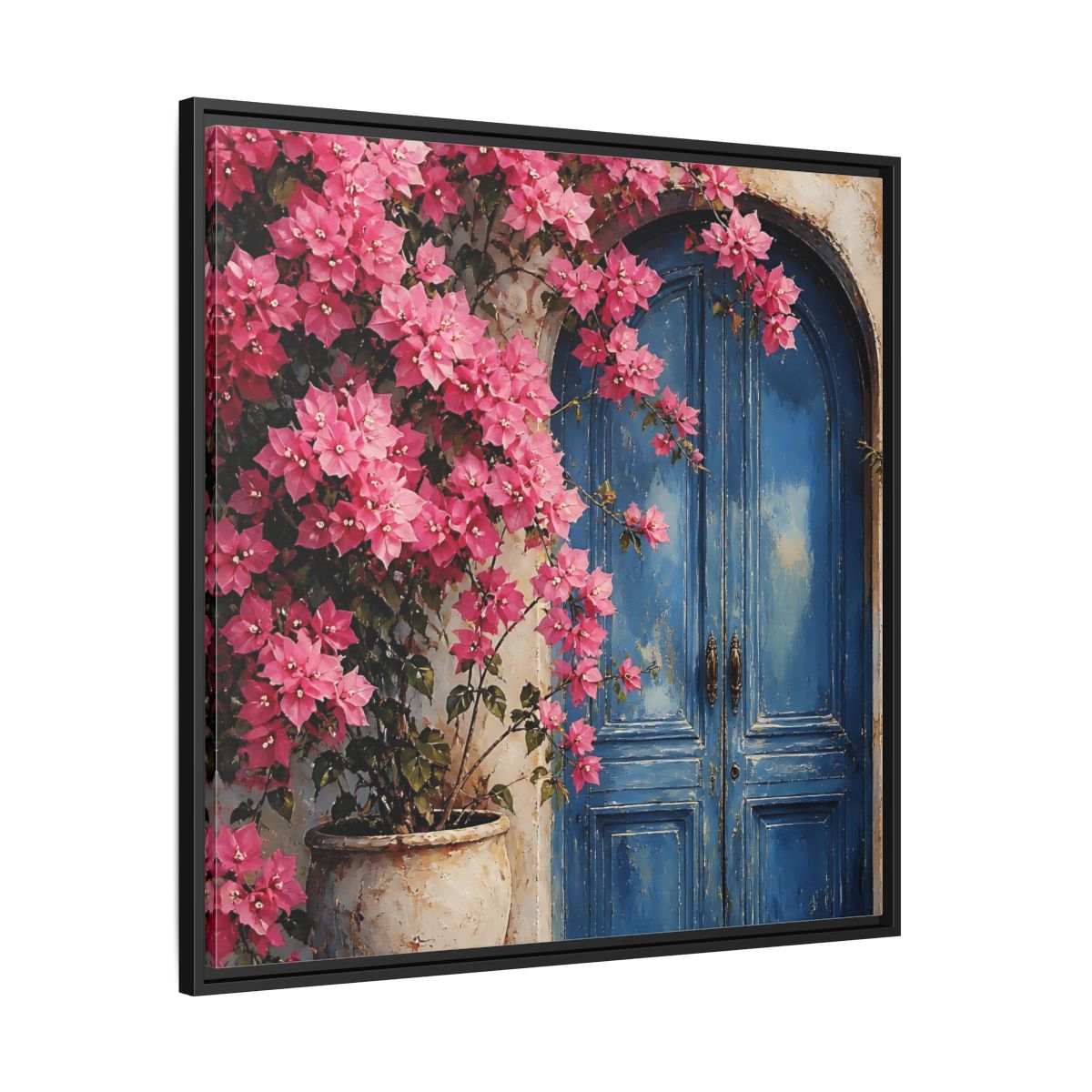 Side Mockup 30. Floral Pink Bougainvillea Pink And Blue Floral shown as stretched canvas wall art