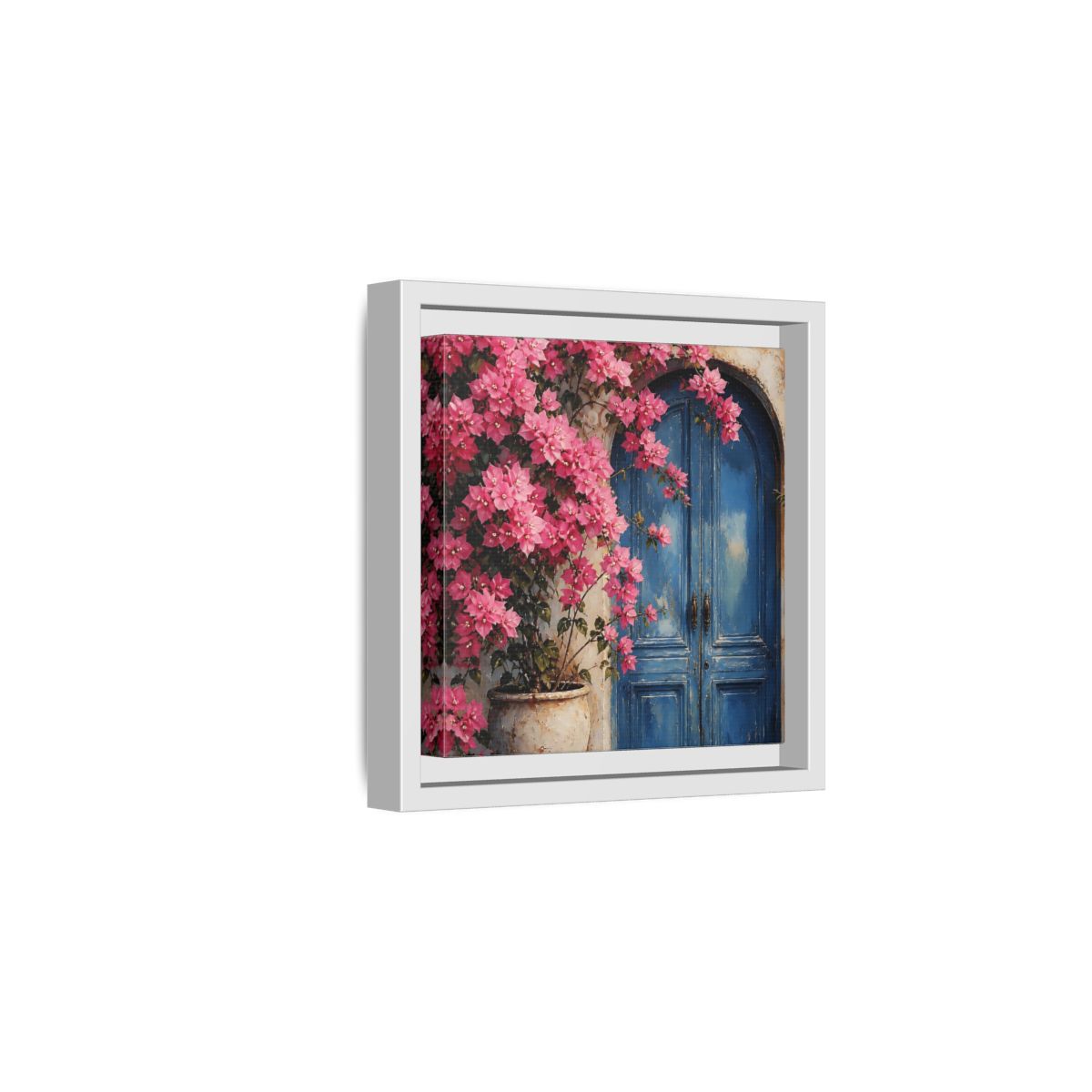 Side Mockup 1. Floral Pink Bougainvillea Pink And Blue Floral shown as stretched canvas wall art