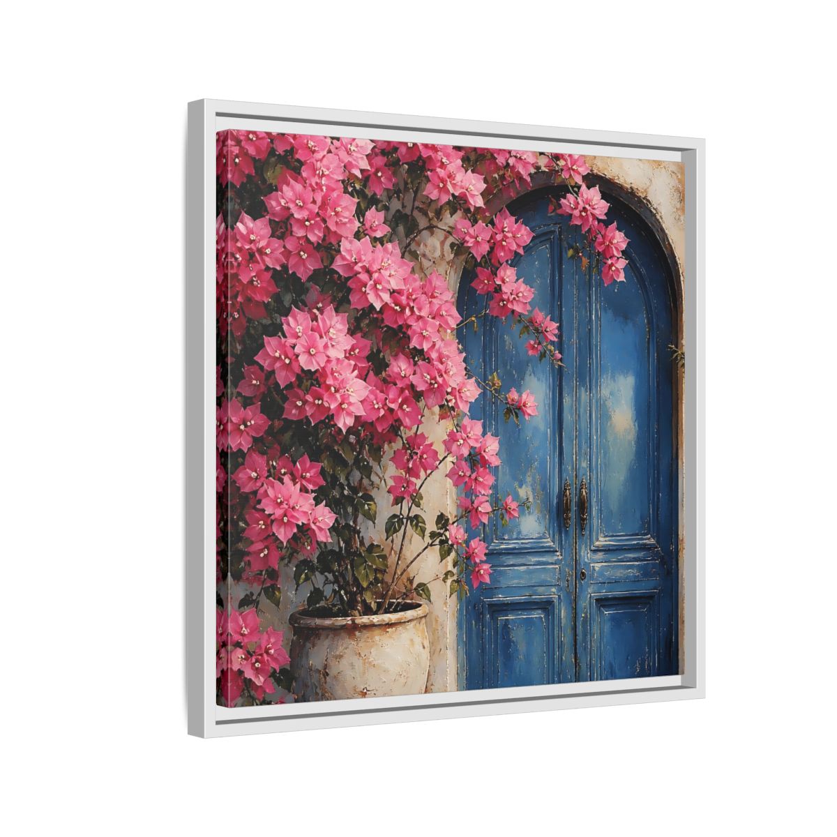 Side Mockup 10. Floral Pink Bougainvillea Pink And Blue Floral shown as stretched canvas wall art