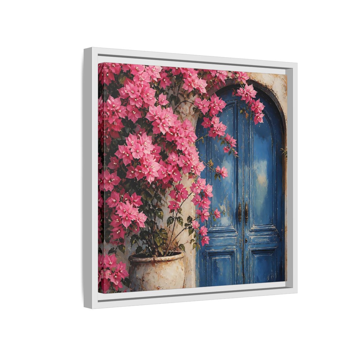 Side Mockup 13. Floral Pink Bougainvillea Pink And Blue Floral shown as stretched canvas wall art