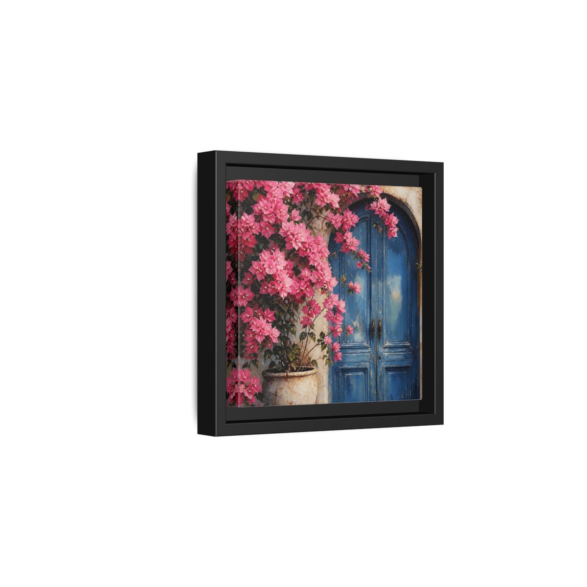 Side Mockup 3. Floral Pink Bougainvillea Pink And Blue Floral shown as stretched canvas wall art