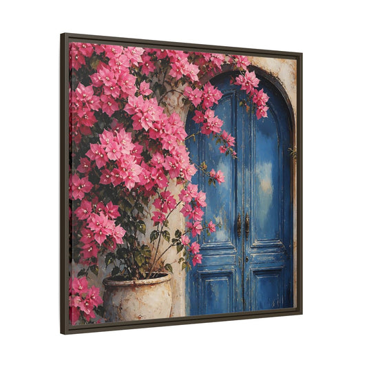 Main Mockup. Floral Pink Bougainvillea Pink And Blue Floral shown as stretched canvas wall art