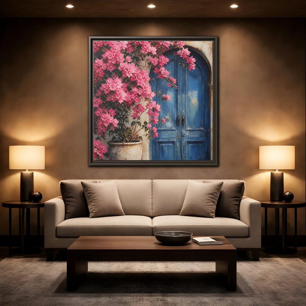 Mockup 2. Floral Pink Bougainvillea Pink And Blue Floral shown as stretched canvas wall art
